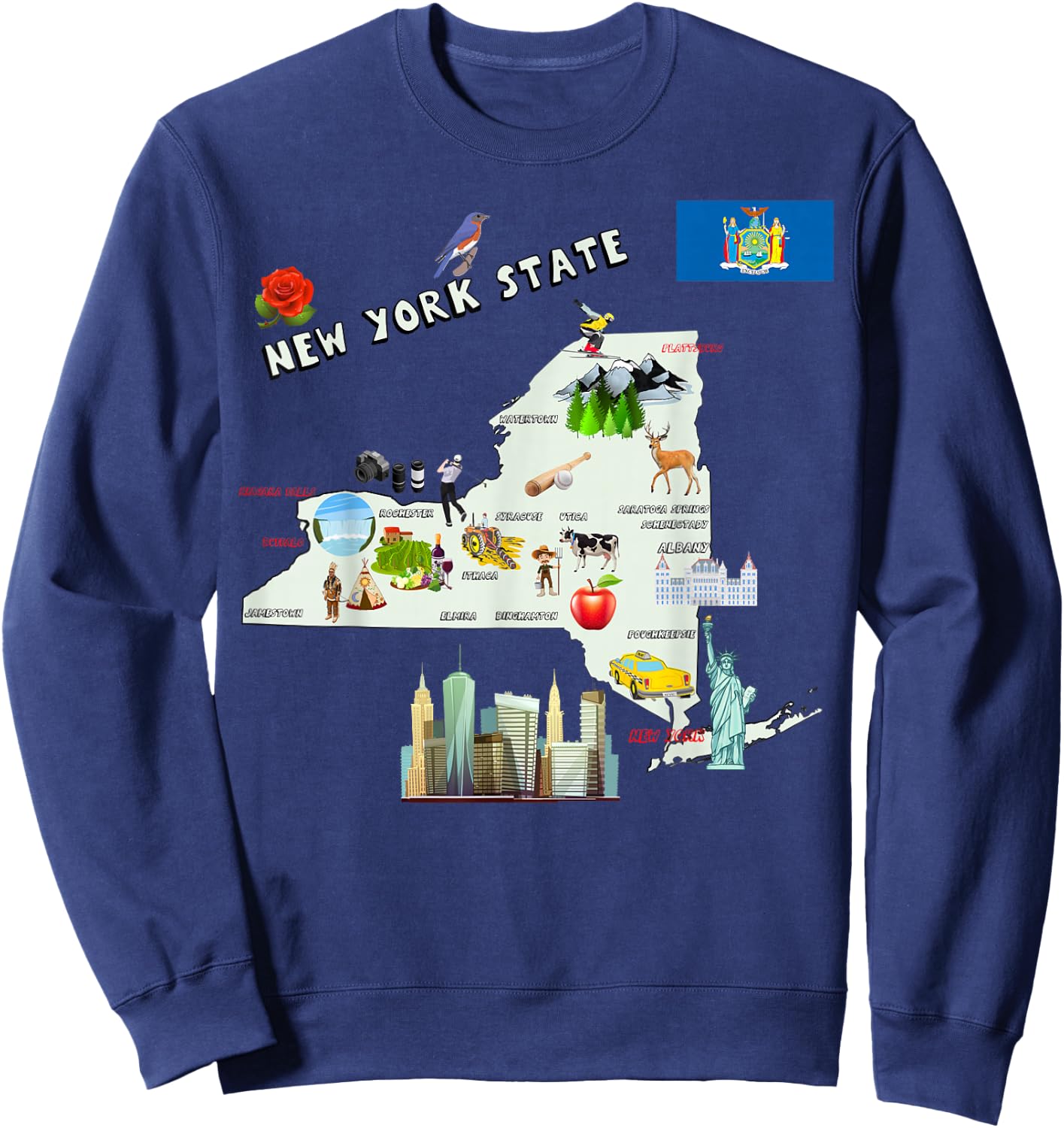 New York state map Attractions cities flag Sweatshirt - Sweatshirt | Navy