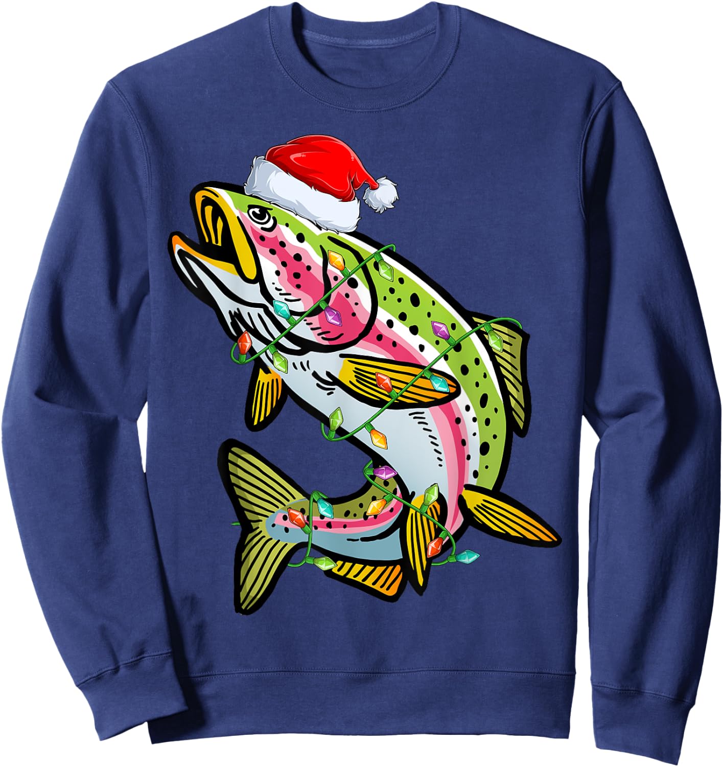 Xmas Lights Santa Hat Rainbow Trout Fish Christmas Sweatshirt - Sweatshirt | Navy