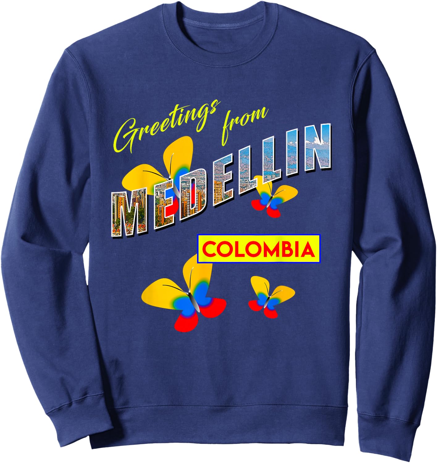 Greetings From Medellin Colombia Retro Postcard Style Sweatshirt - Sweatshirt | Navy