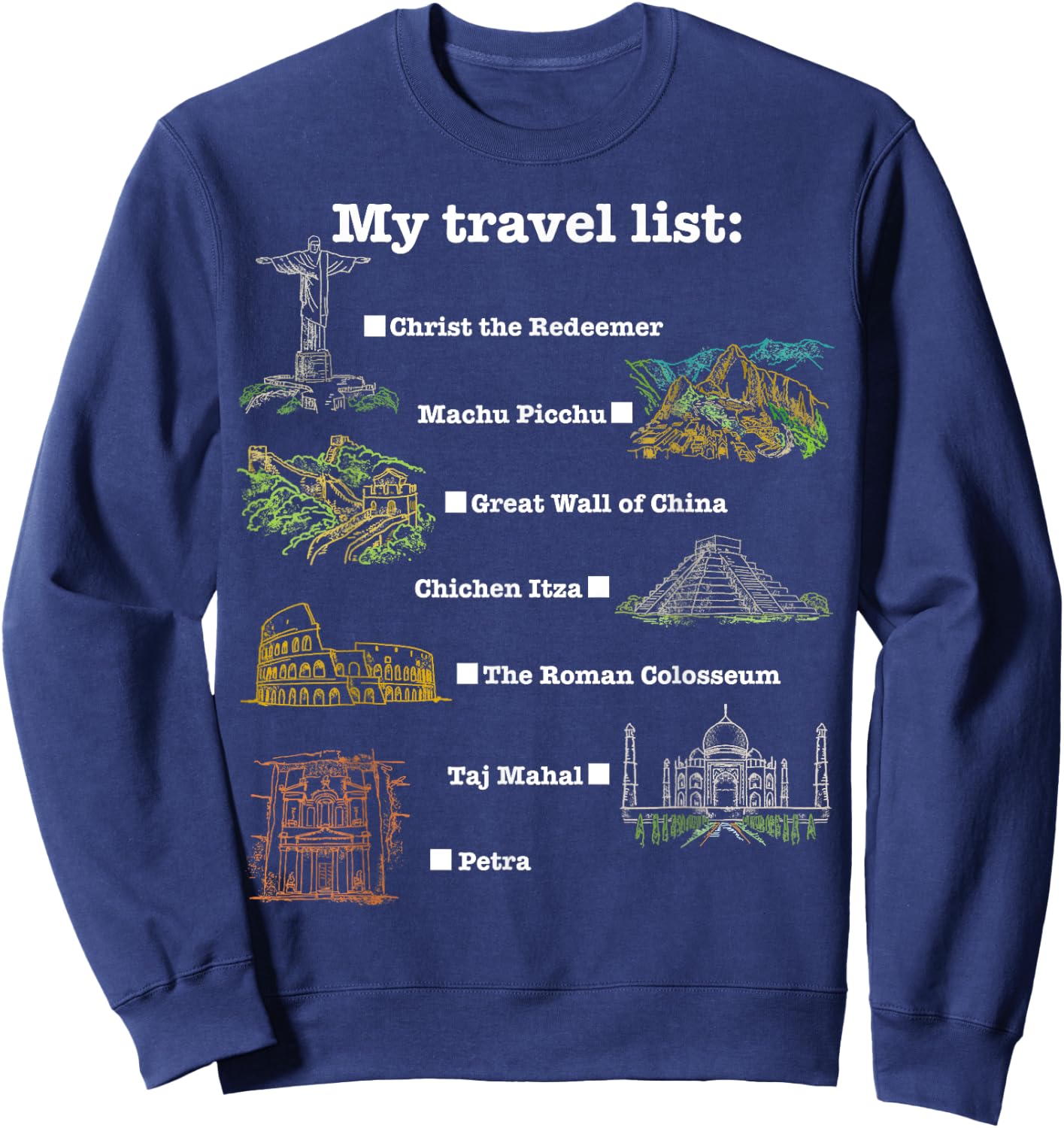 7 Wonders of the World, check the place you have been! Sweatshirt - Sweatshirt | Navy
