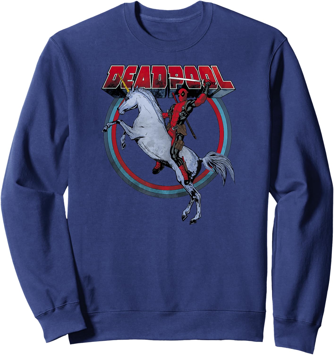 Marvel Deadpool Riding A Unicorn Circle Graphic C1 Sweatshirt - Sweatshirt | Navy