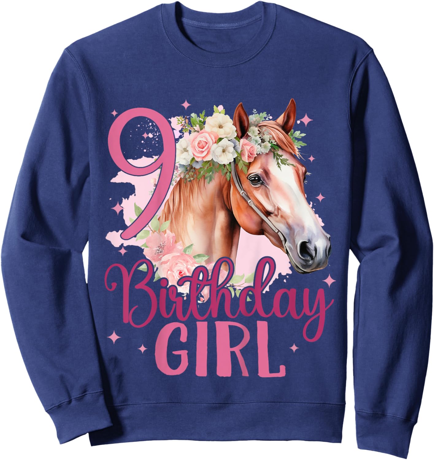 Kids 9th Birthday Horse Girl 9 Years Old Nine 9 Birthday Girl Sweatshirt - Sweatshirt | Navy