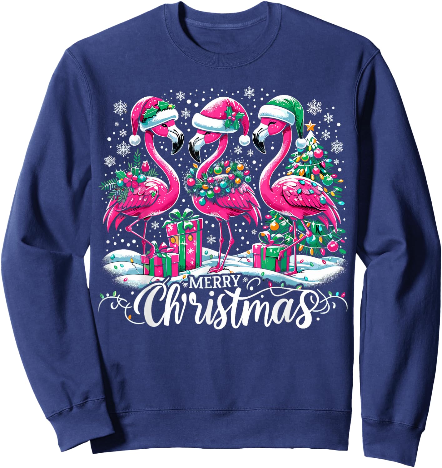 Merry Christmas Hat Santa Flamingo Light Christmas Sweatshirt - Sweatshirt | Navy