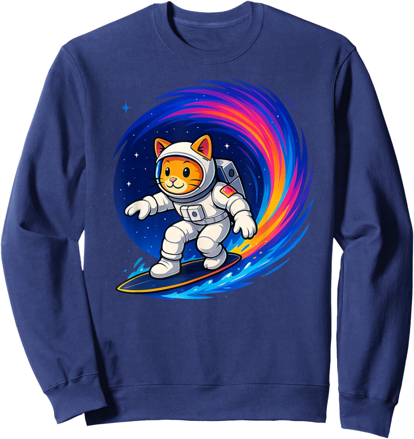Funny Orange Cat Astronaut Surfing Colorful Rainbow Space Sweatshirt - Sweatshirt | Navy