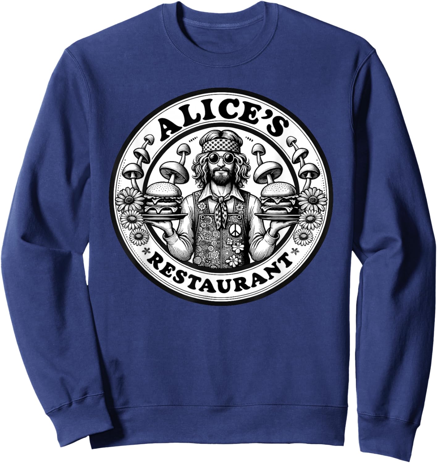 Retro Hippie Mushroom Hamburger Waiter Alice's Restaurant Sweatshirt - Sweatshirt | Navy