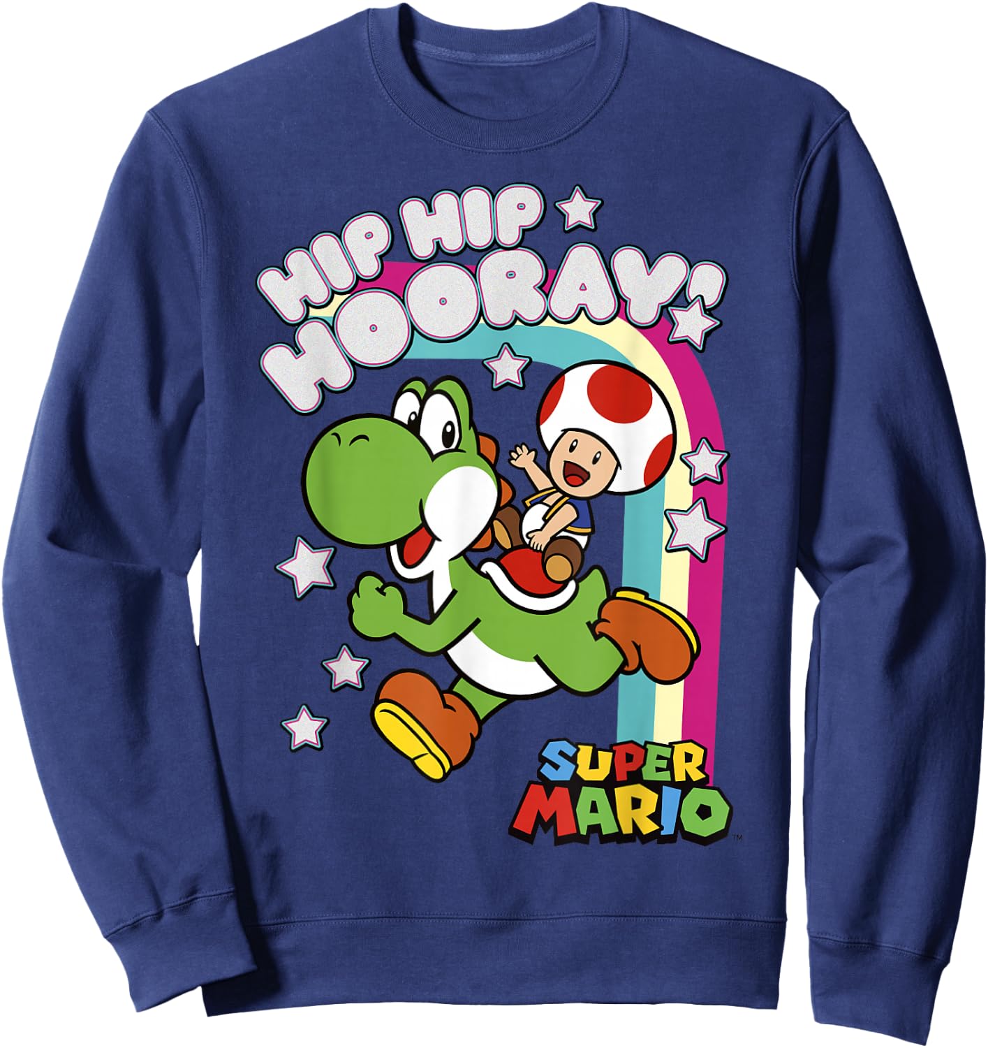 Super Mario Yoshi and Toad Hip Hip Hooray Rainbow Sweatshirt - Sweatshirt | Navy