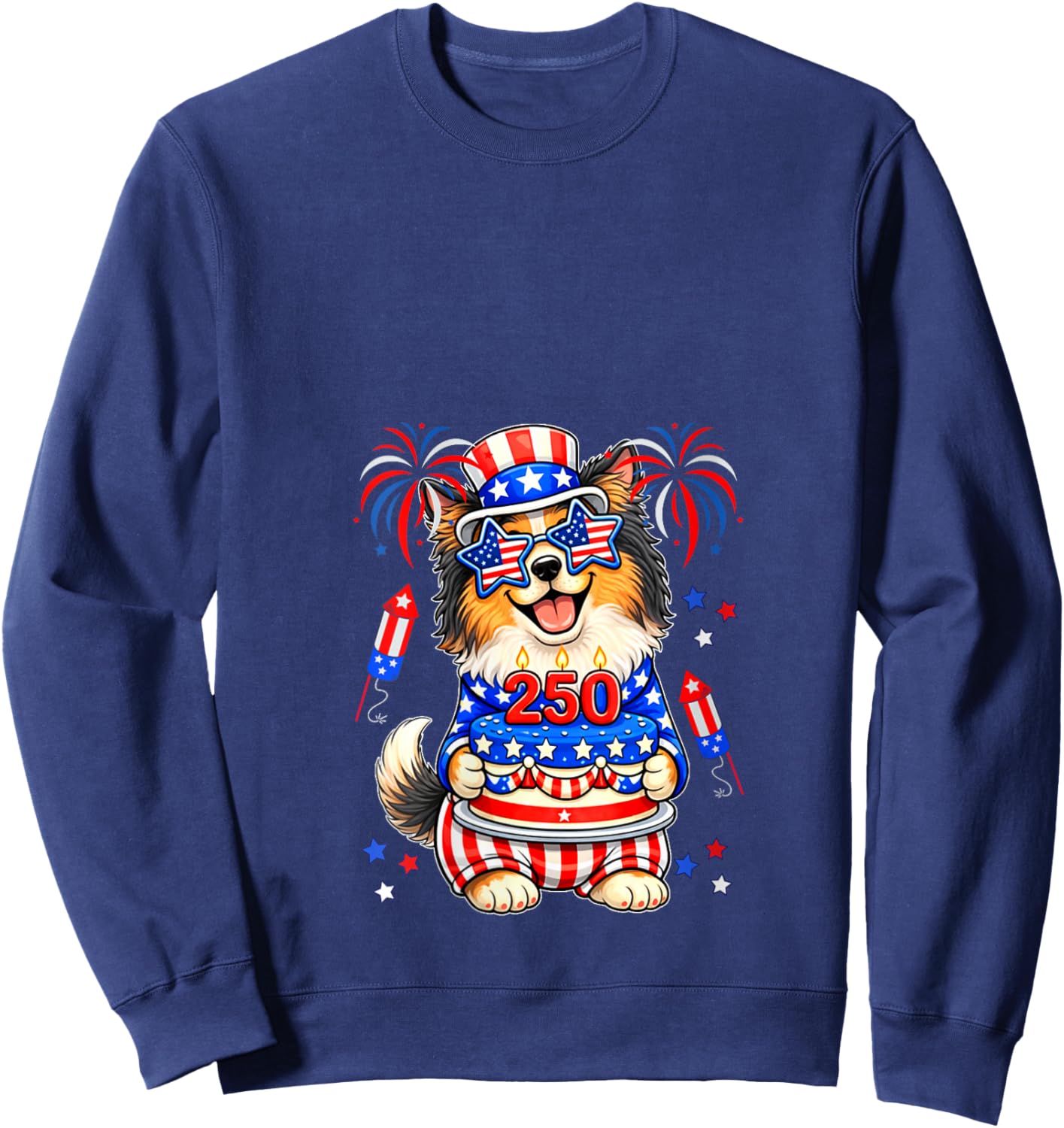 Women's 250 Proud 4th July US Flag Sheltie Sunglasses Birthday Cake V-Neck Sweatshirt - Sweatshirt | Navy