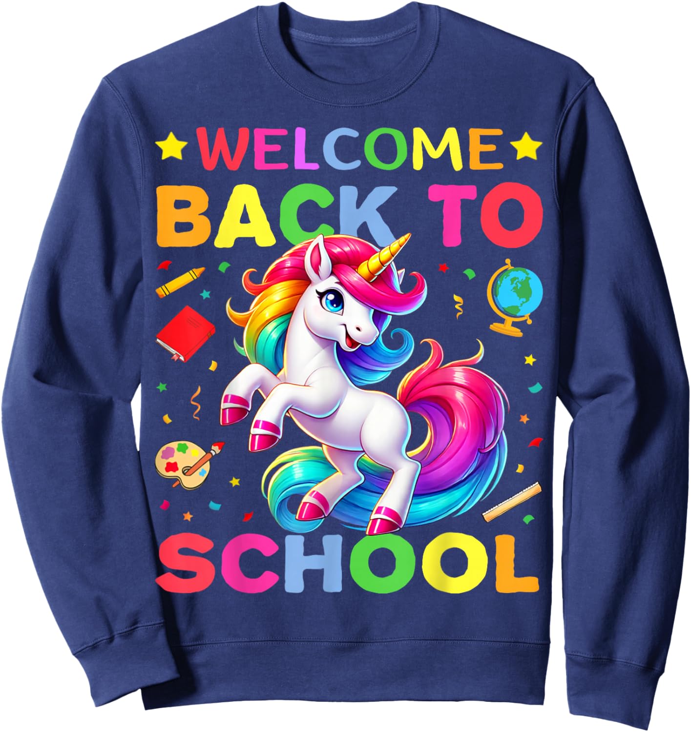 Retro Welcome Back to School Teacher Boys Girls Unicorn Sweatshirt - Sweatshirt | Navy