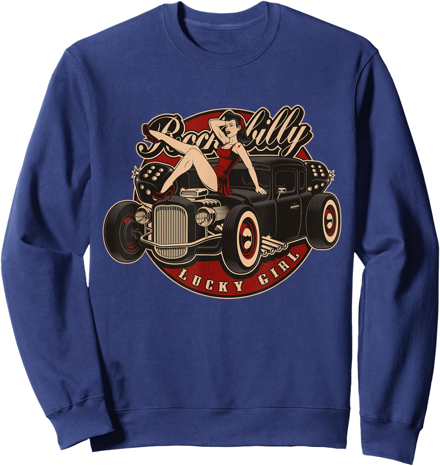 Hot Rod Retro Vintage Vintage Car Rockabilly Lucky Girl Sweatshirt - Sweatshirt | Navy