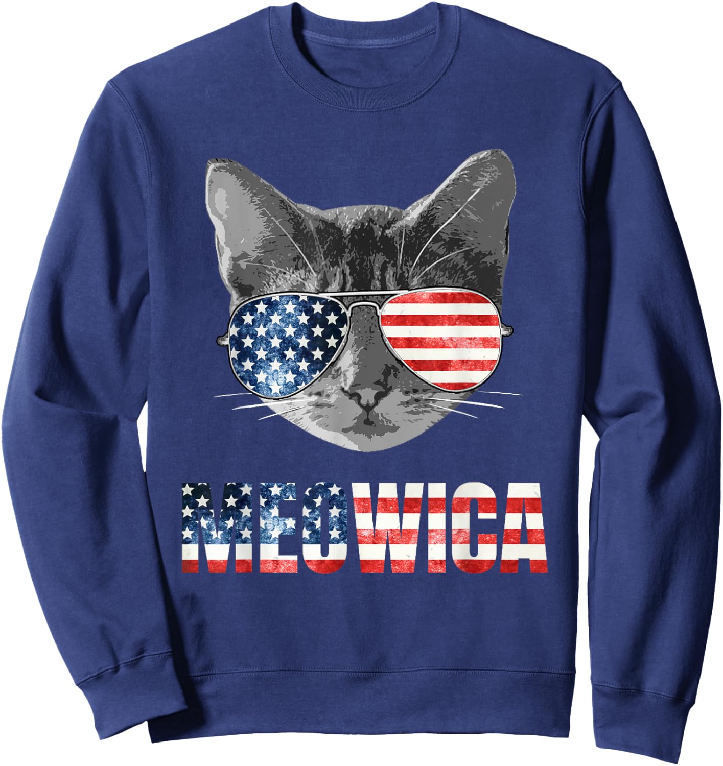 Meowica Funny Cat Patriotic USA Shirt American Flag Sweatshirt - Sweatshirt | Navy