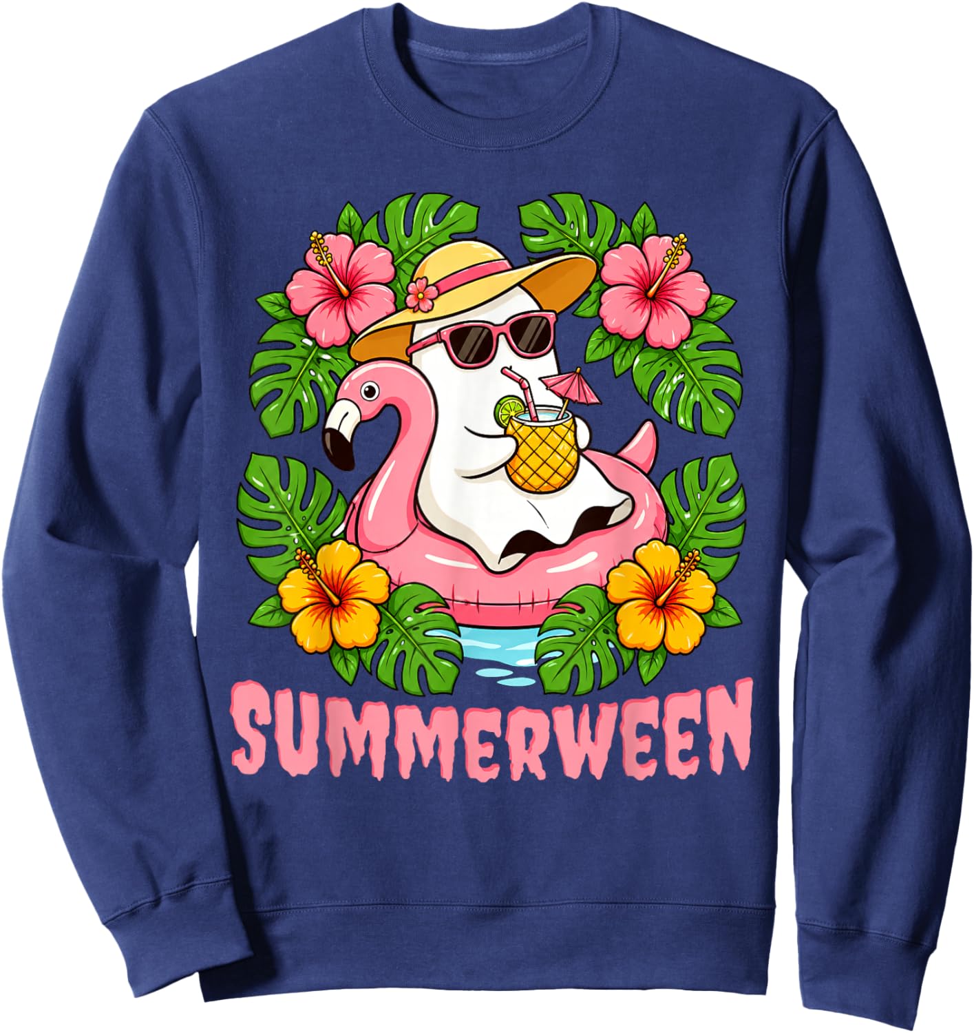 Summerween Funny Ghost Halloween Summer Floral Women Kids Sweatshirt - Sweatshirt | Navy