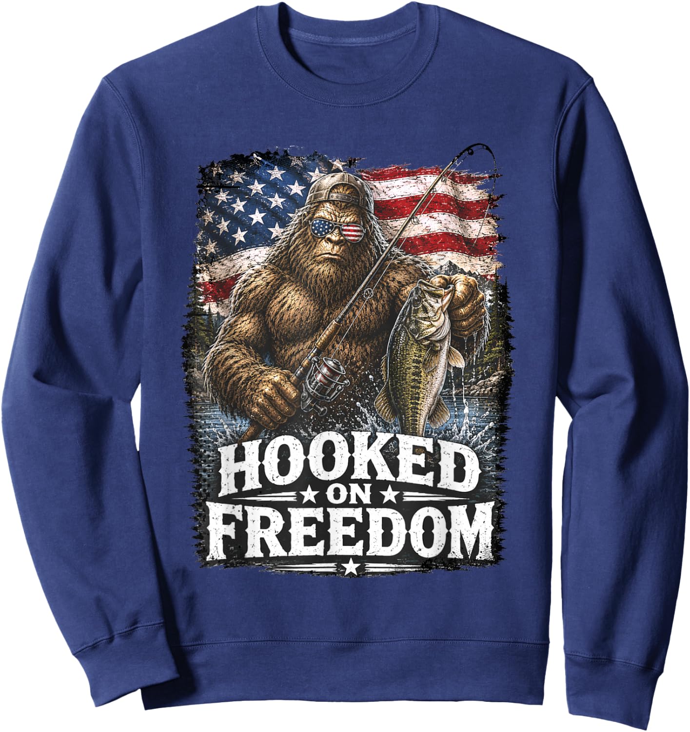 Hooked On Freedom Bigfoot Fishing Patriotic USA Sweatshirt - Sweatshirt | Navy