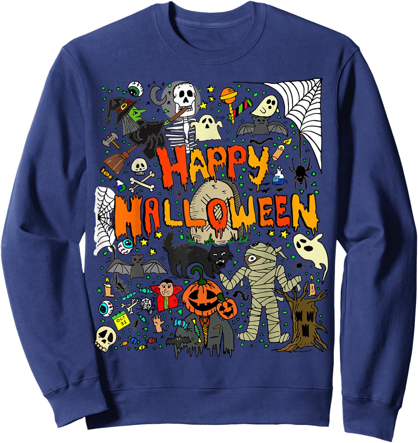 Happy Halloween Scary Retro Boys Girls Kids Sweatshirt - Sweatshirt | Navy