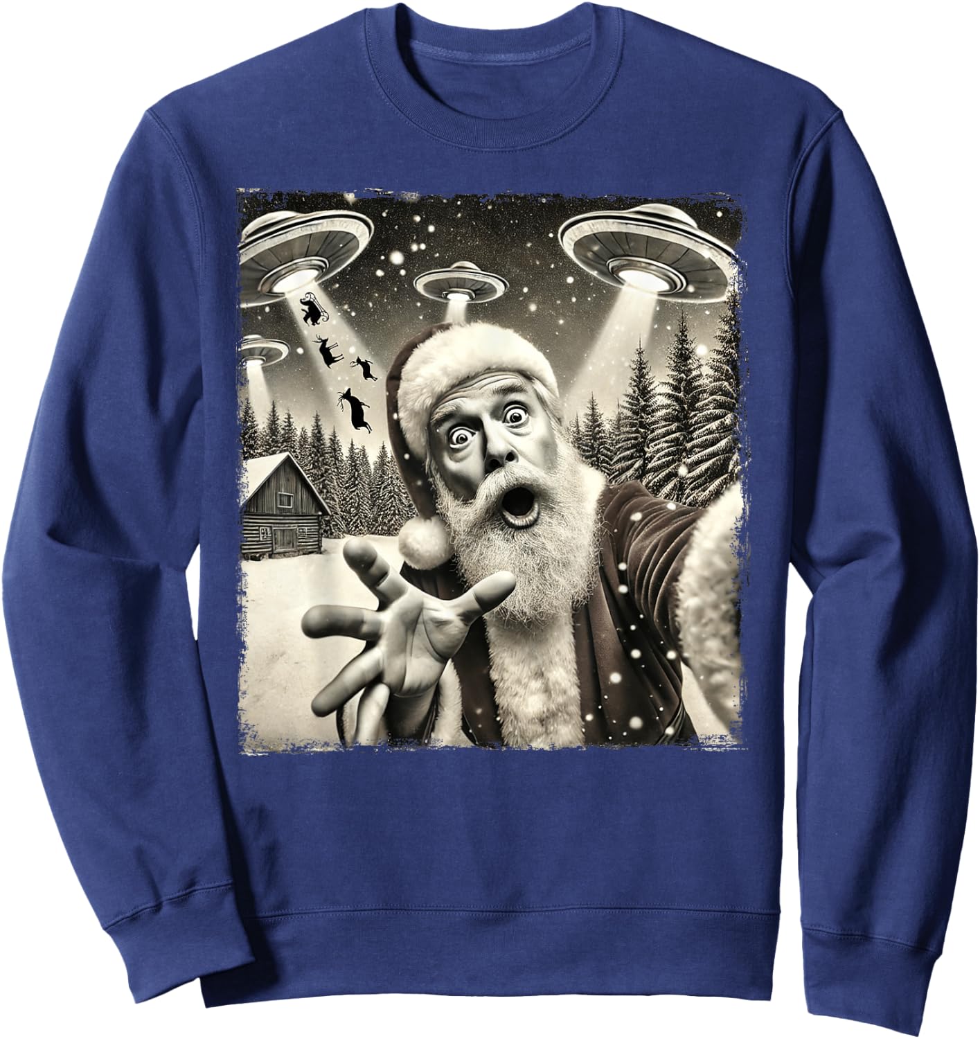 Funny Santa Claus UFO Abduction Christmas Sleigh Reindeer Sweatshirt - Sweatshirt | Navy