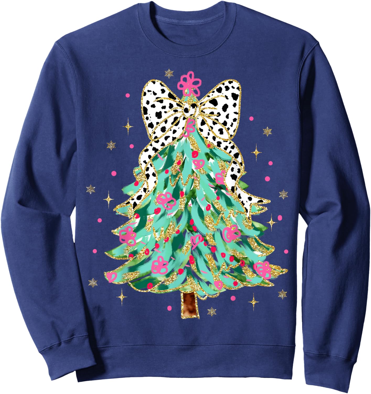 Colorful Coquette Bow Christmas Tree Florals Cute Girly Xmas Sweatshirt - Sweatshirt | Navy