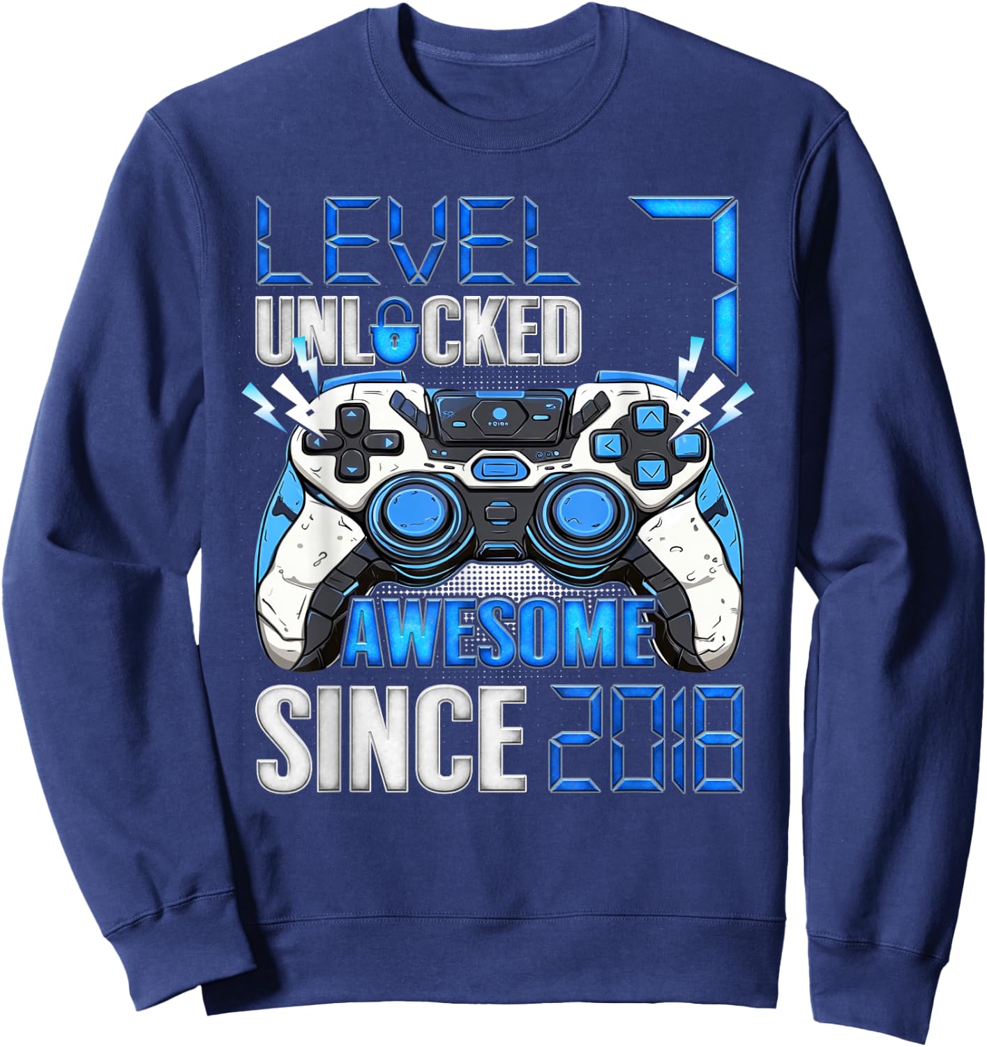 Level 7 Unlocked Awesome Since 2018 7th Birthday Boy Sweatshirt - Sweatshirt | Navy