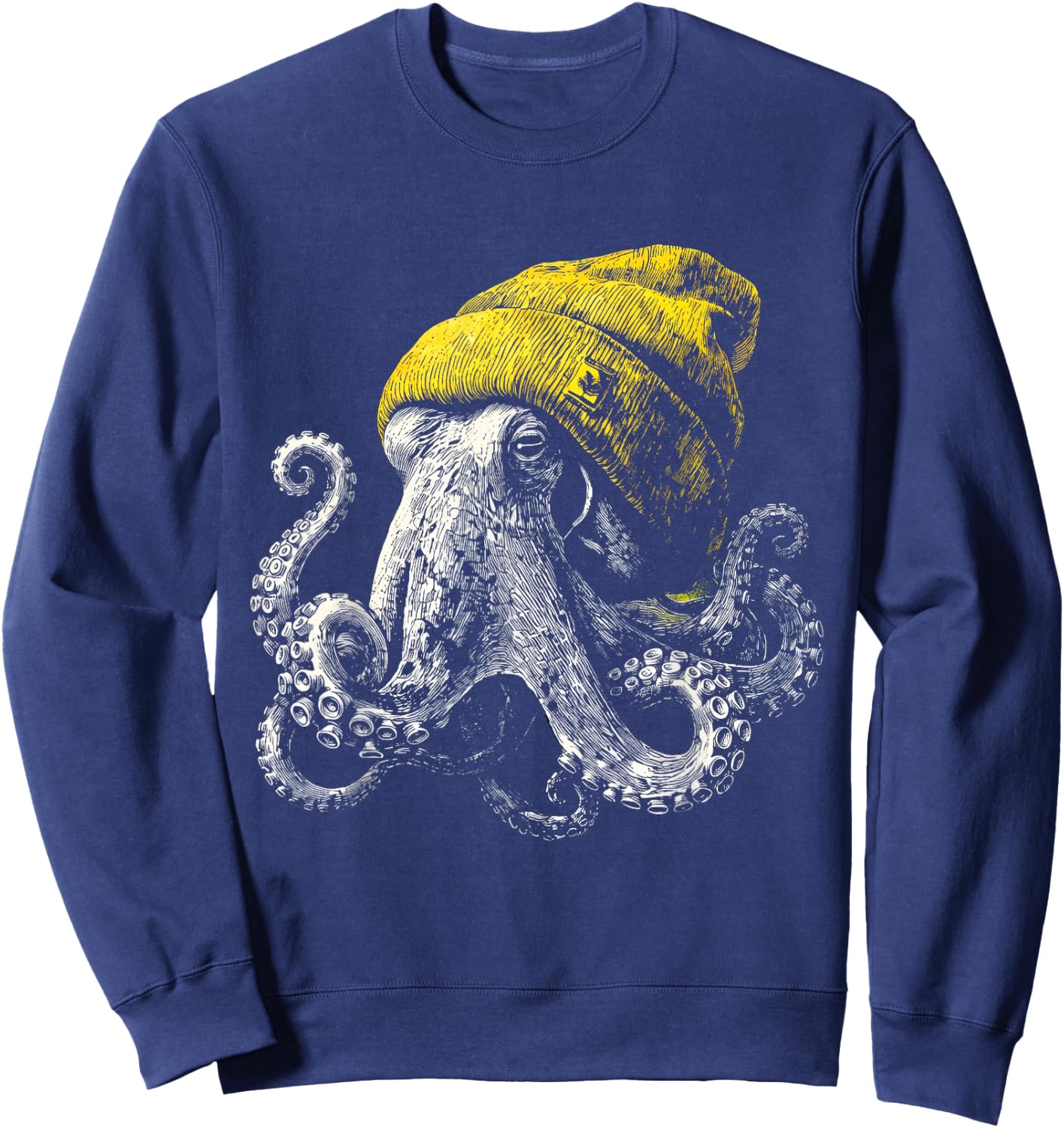Winter Octopus Wearing Beanie Cute Ocean Animal Art Sweatshirt - Sweatshirt | Navy