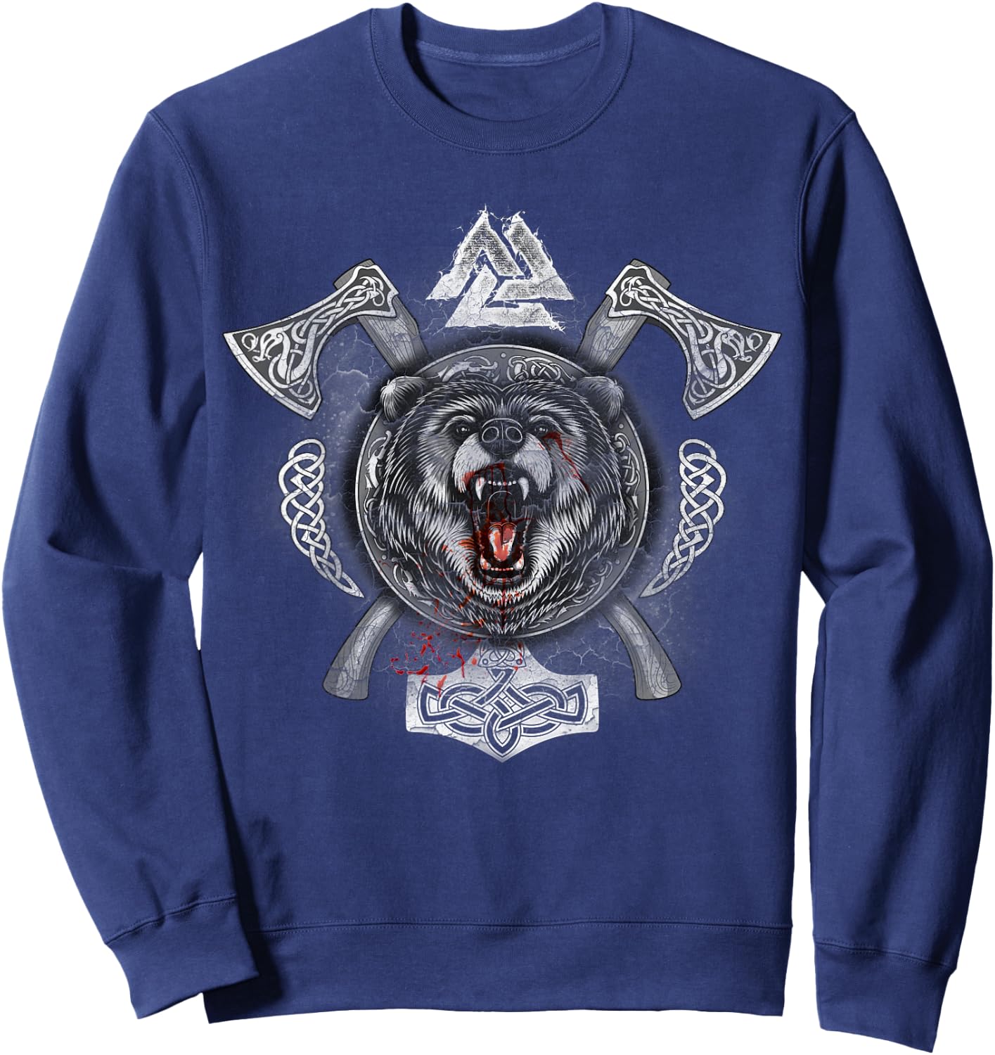Viking Shirt with Axes Mjolnir Bear Valknut Sweatshirt - Sweatshirt | Navy