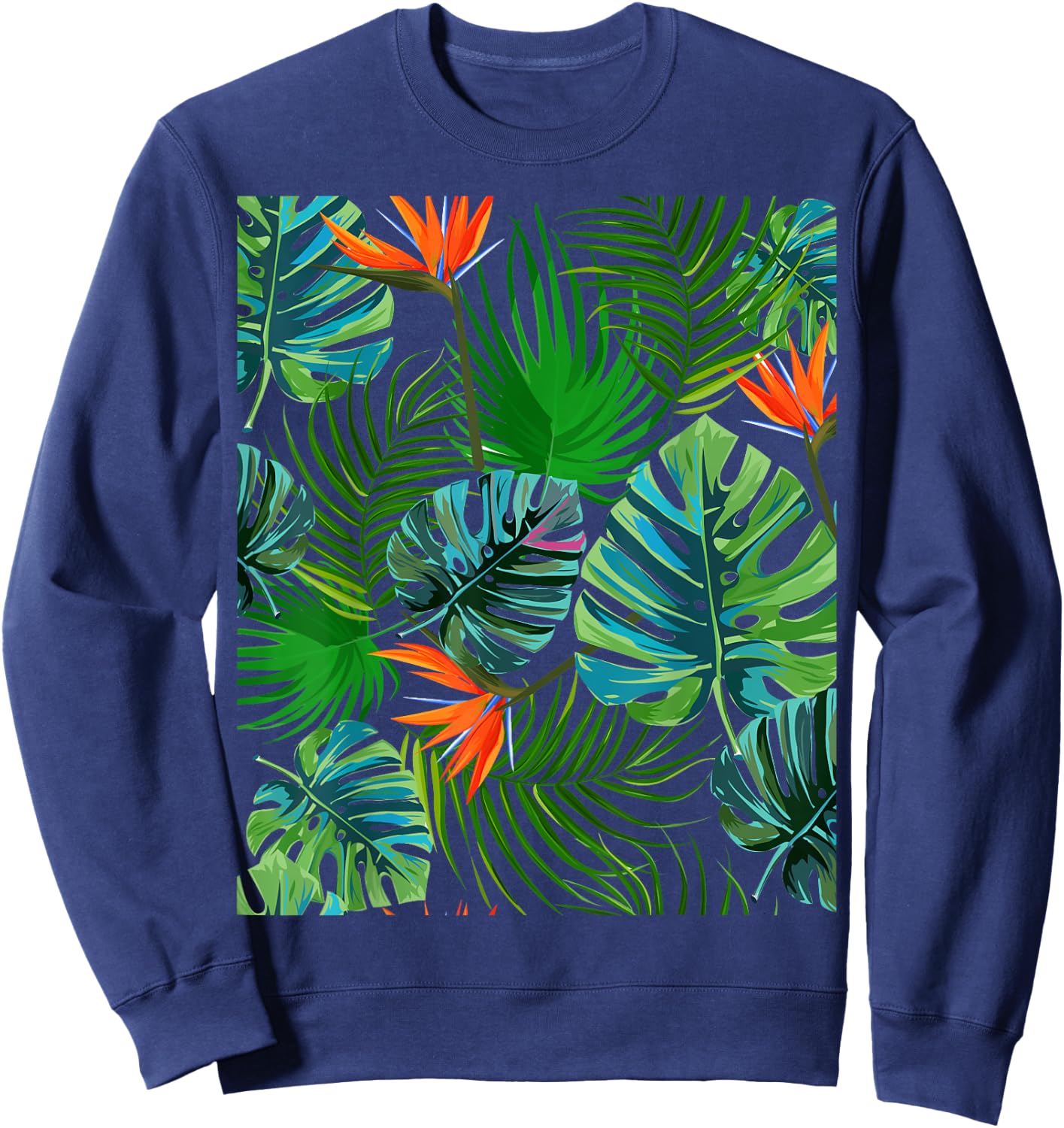 Birds of Paradise Tropical Floral Pattern Printed Sweatshirt - Sweatshirt | Navy
