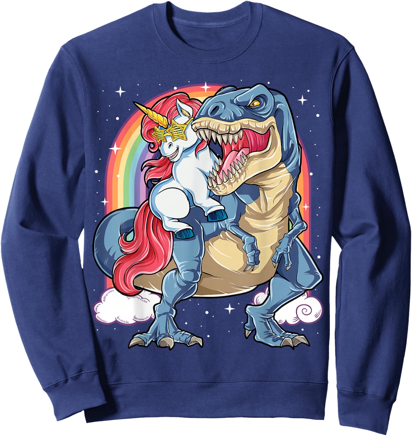 Unicorn Riding T rex Dinosaur Boys Girls Men Women Rainbow Sweatshirt - Sweatshirt | Navy