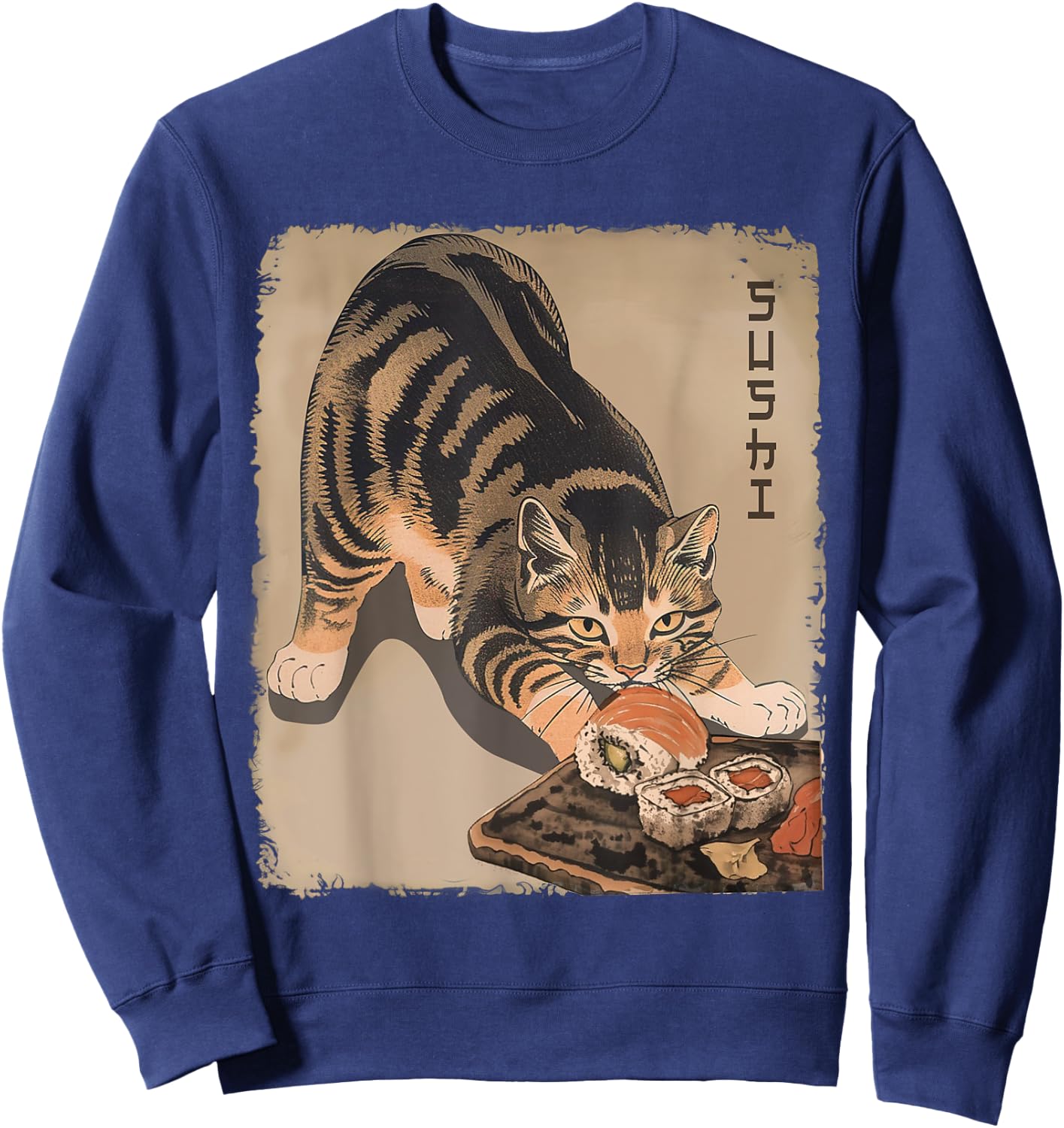 Kawaii Cat Eating Sushi Funny Japanese Anime Cute Cat Girls Sweatshirt - Sweatshirt | Navy
