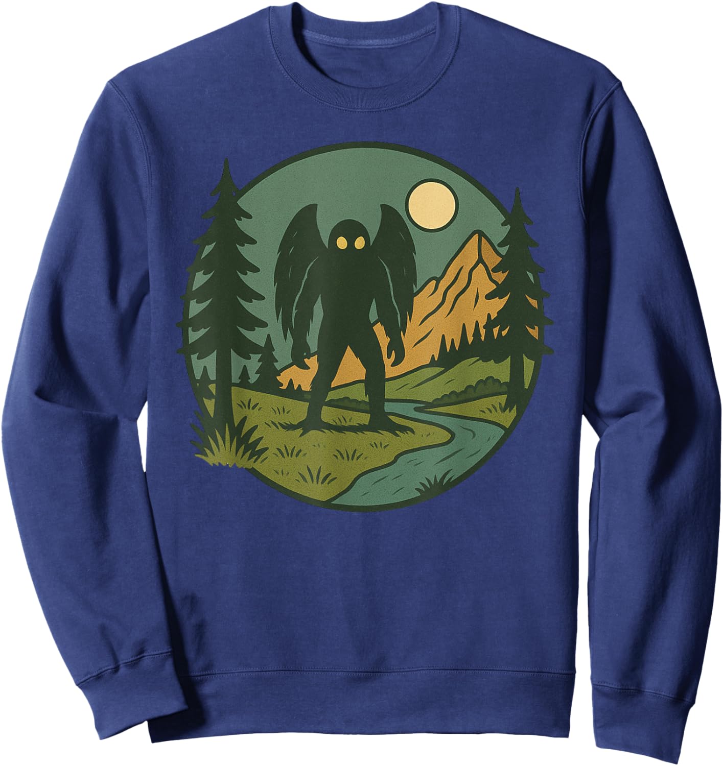 Mothman Retro Forest Creature with Mountains and River Sweatshirt - Sweatshirt | Navy