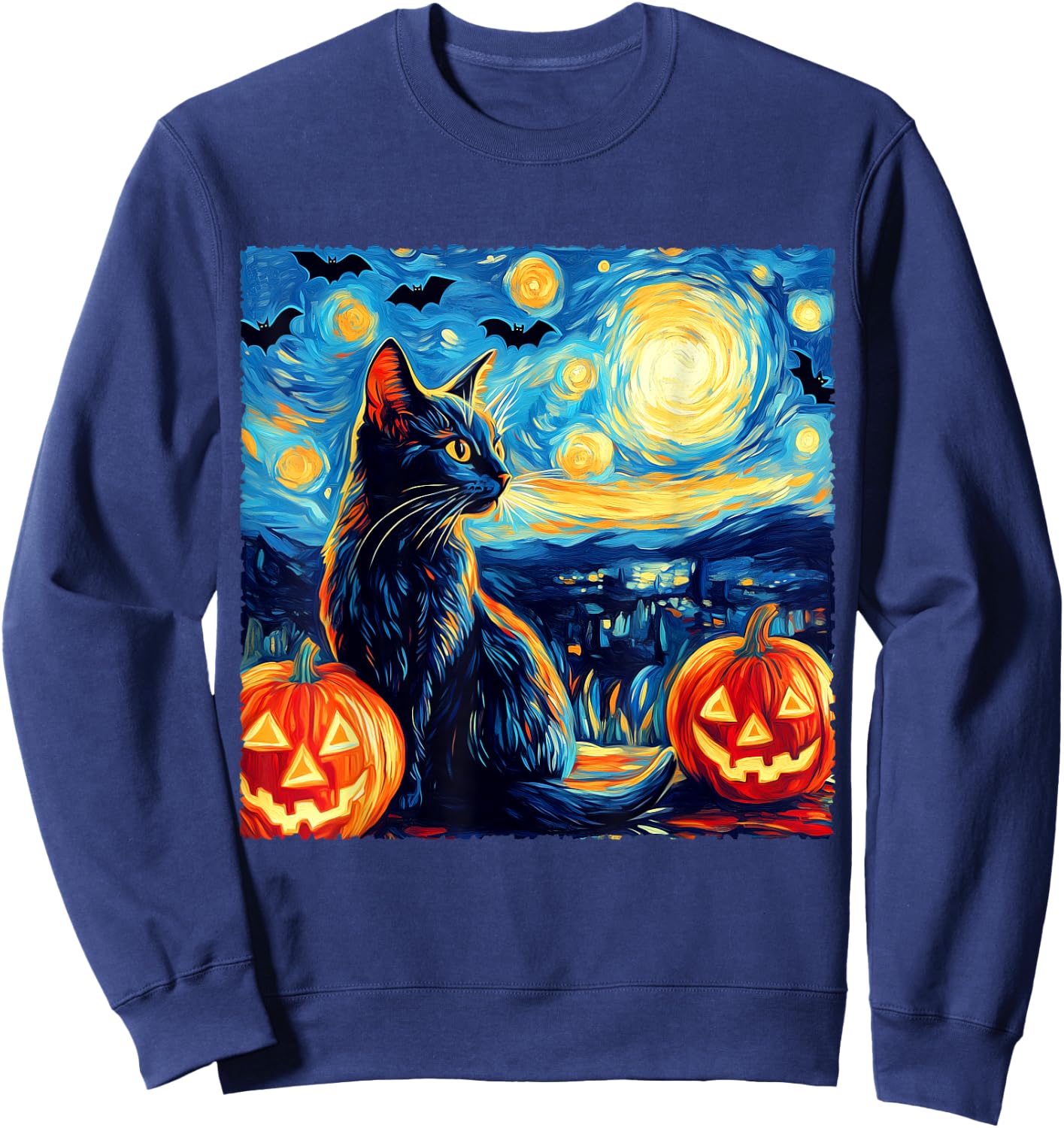 Cat Starry Night Van Gogh Cat Lover Bats Pumpkins Halloween Men Women Kids Sweatshirt - Sweatshirt | Navy