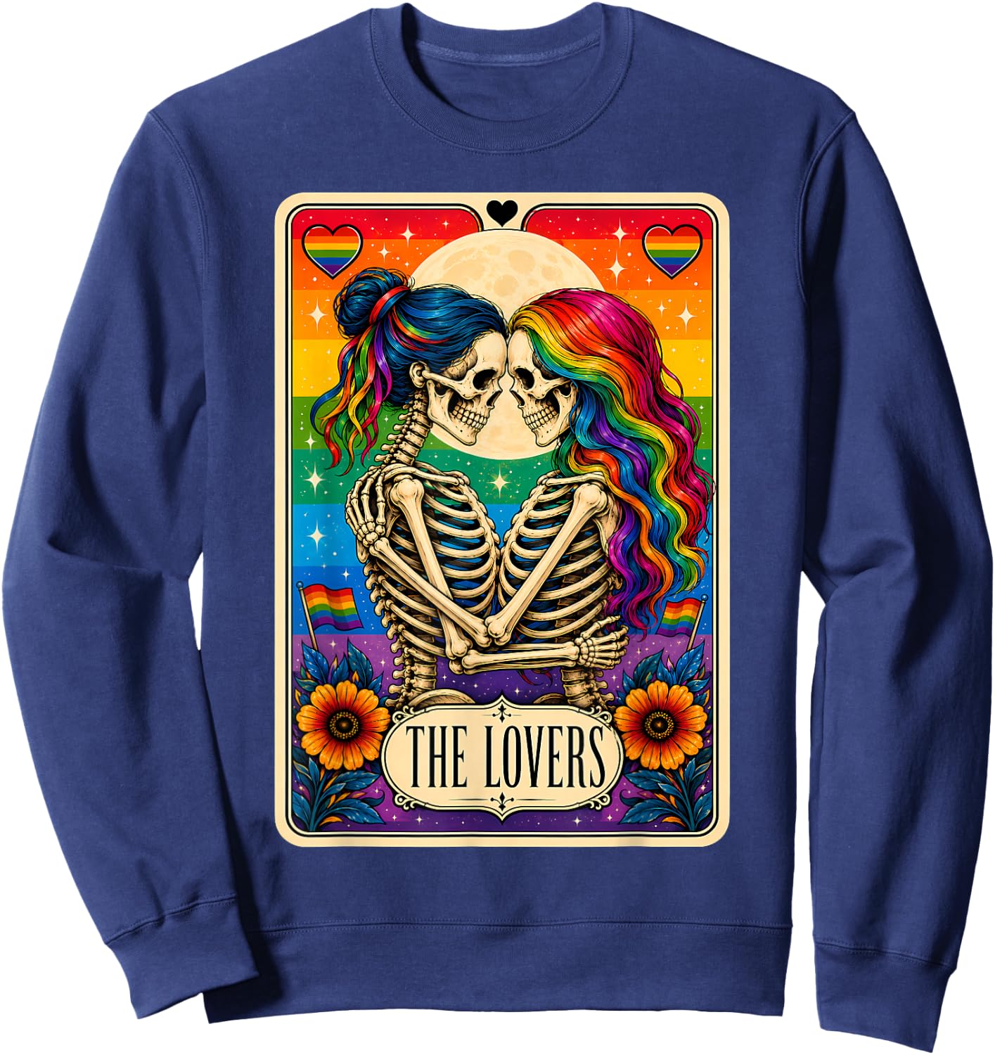 Tarot Card The Lovers Rainbow Kissing Lesbian Skeletons Sweatshirt - Sweatshirt | Navy