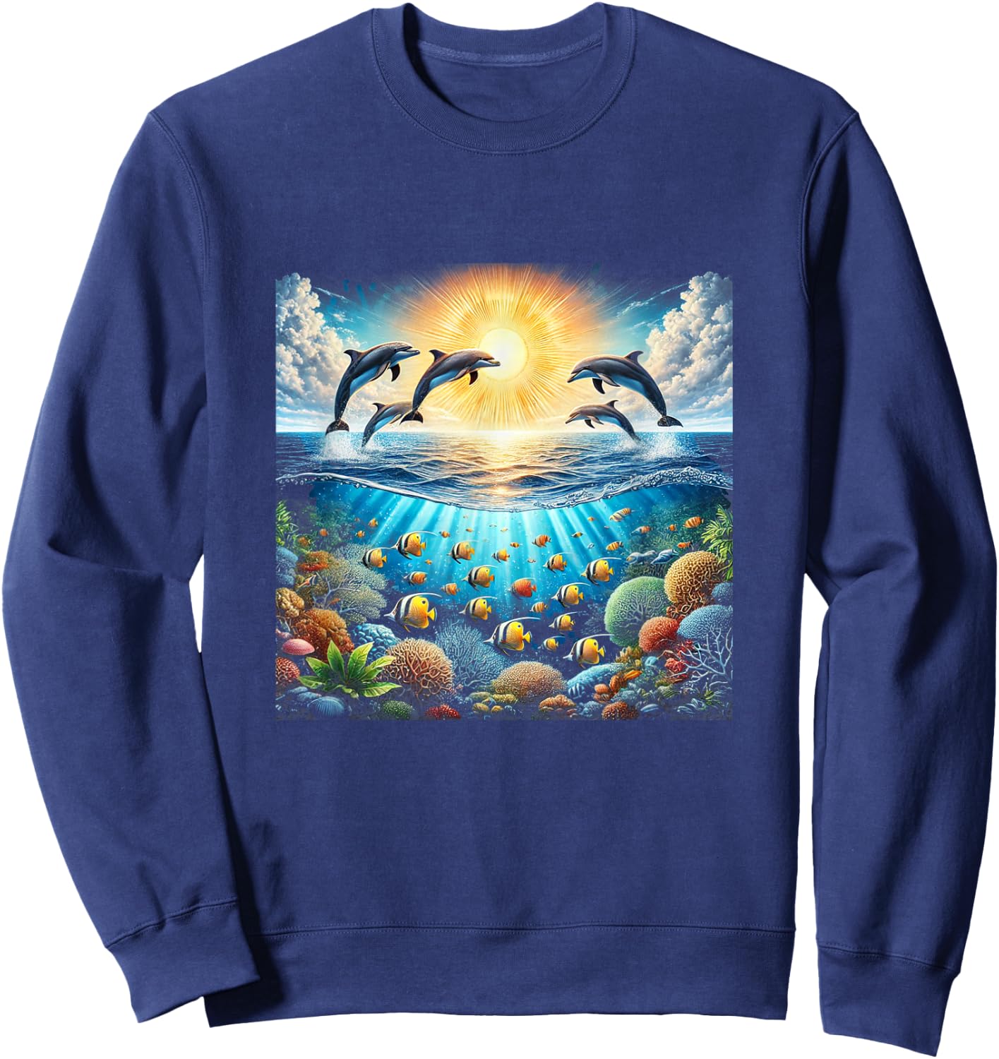 90s Dolphin, Aloha Hawaiian Dolphins, Colorful Beach Sweatshirt - Sweatshirt | Navy