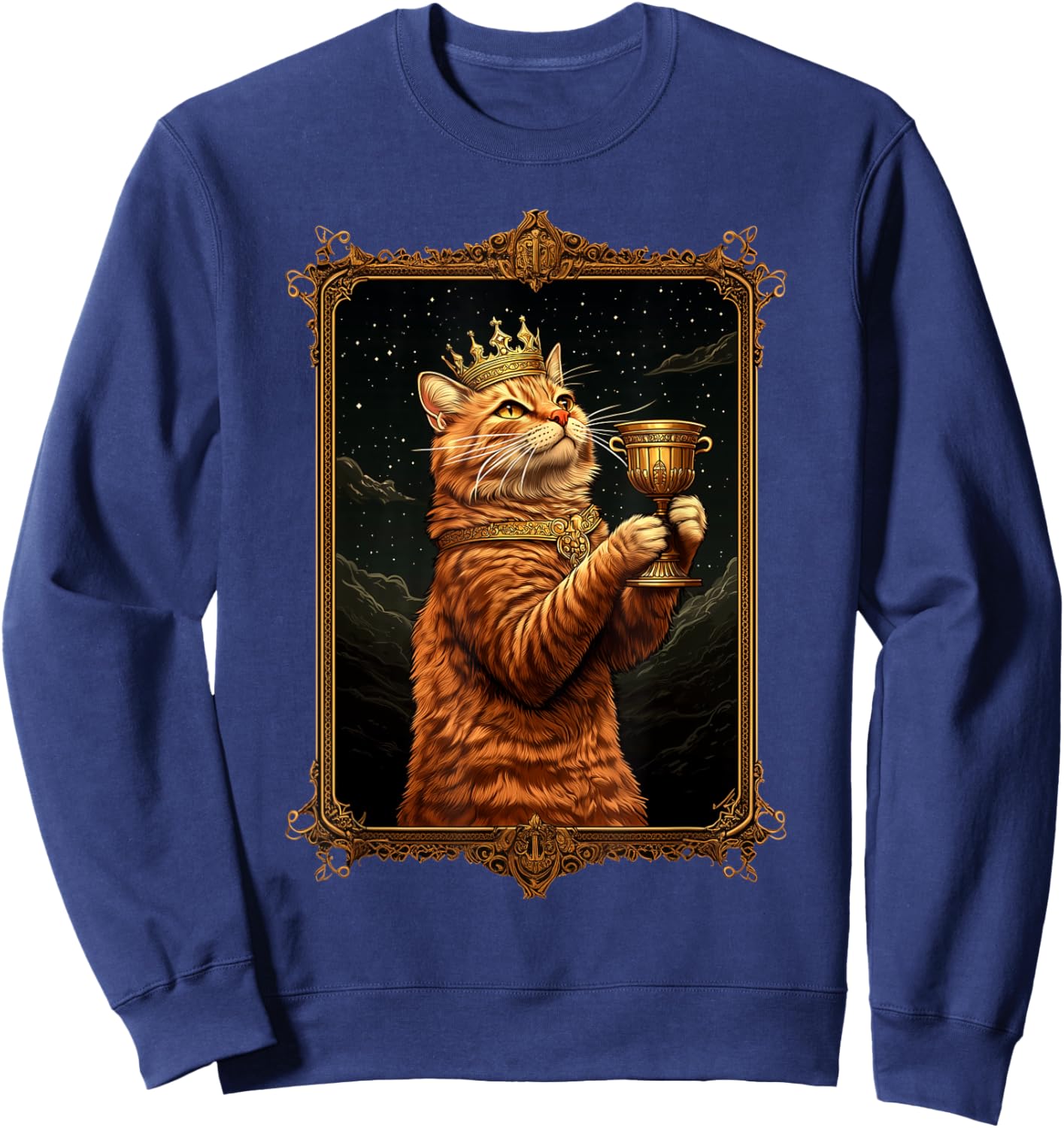 Funny Medieval Cat Lover Golden Frame Crown Portrait Artwork Men Women Kids Sweatshirt - Sweatshirt | Navy