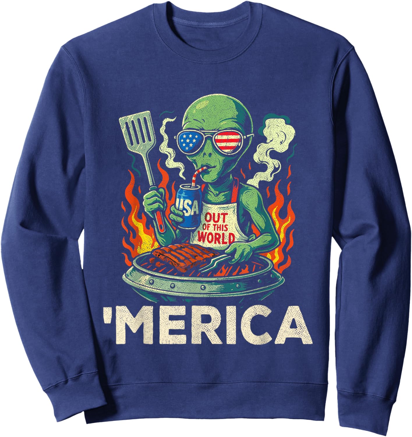 4th of July American Alien Grill - Merica USA - Funny Alien Sweatshirt - Sweatshirt | Navy
