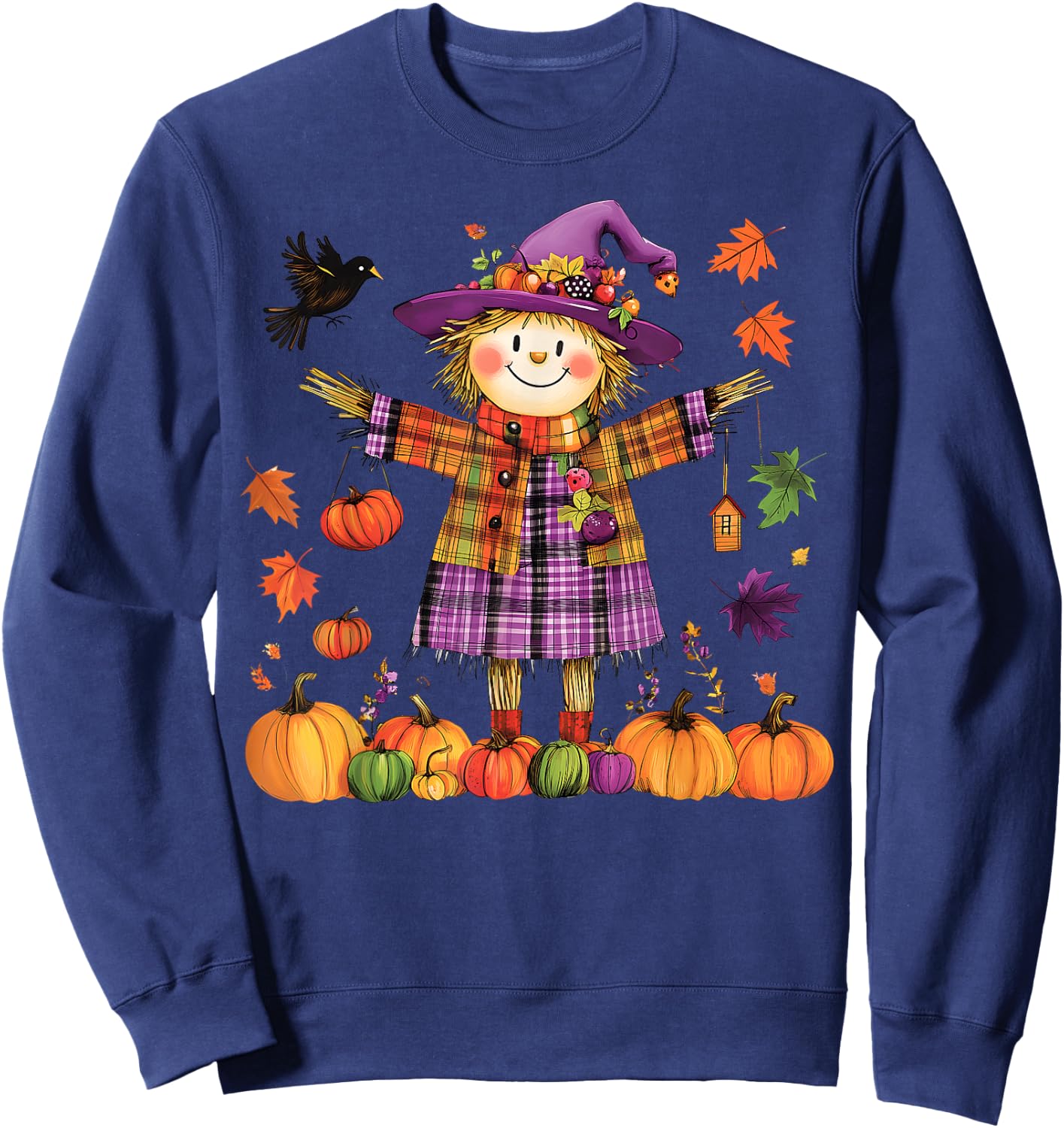Scarecrow Happy Fall Y'all Pumpkin Thanksgiving Halloween Sweatshirt - Sweatshirt | Navy