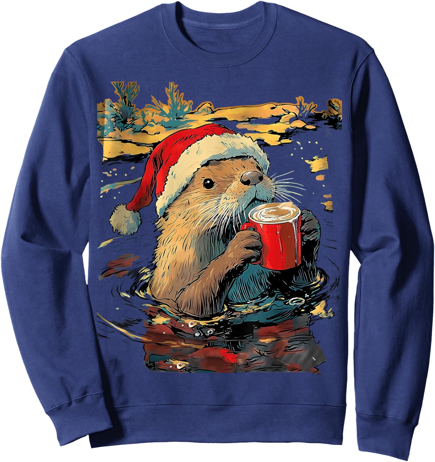 Christmas Otter Drinks Coffee Art Print Sweatshirt - Sweatshirt | Navy