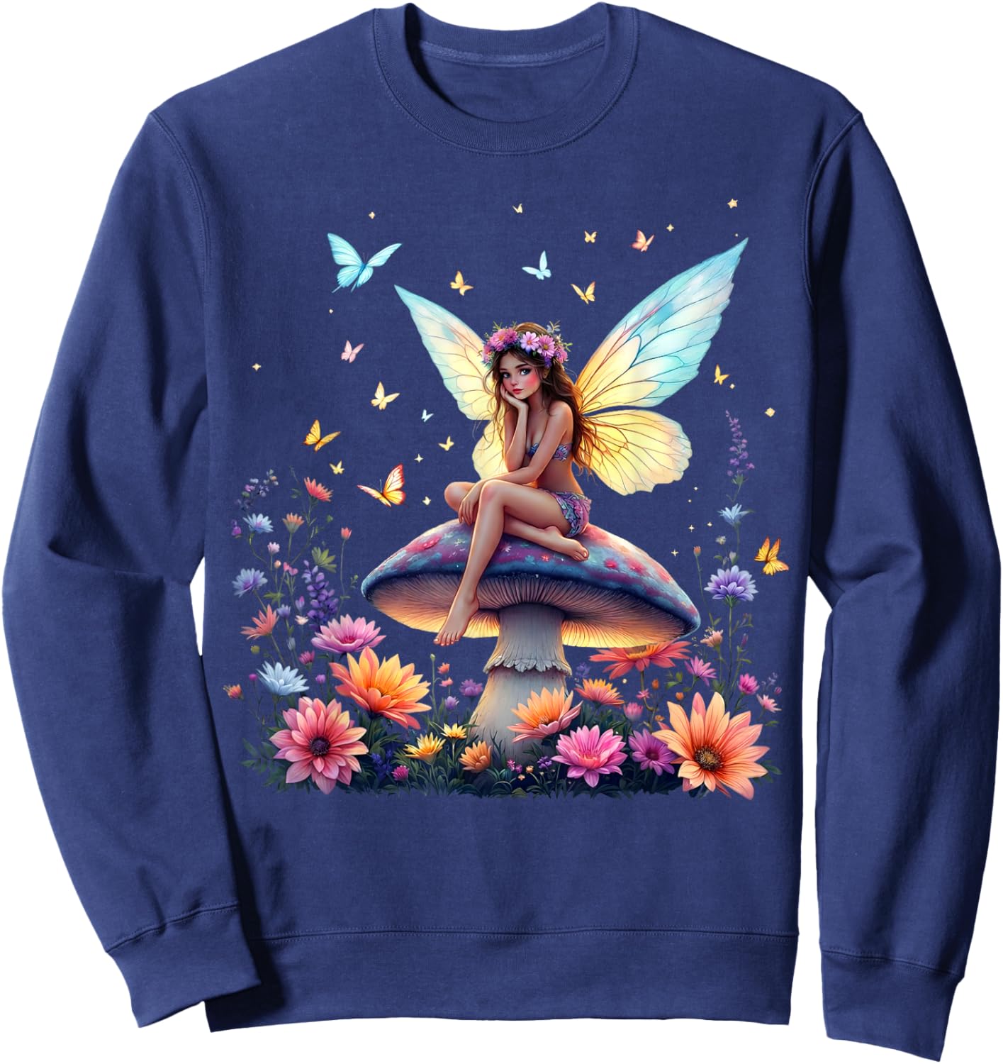 Whimsical Fairy Mushroom Floral Butterfly Fantasy Sweatshirt - Sweatshirt | Navy