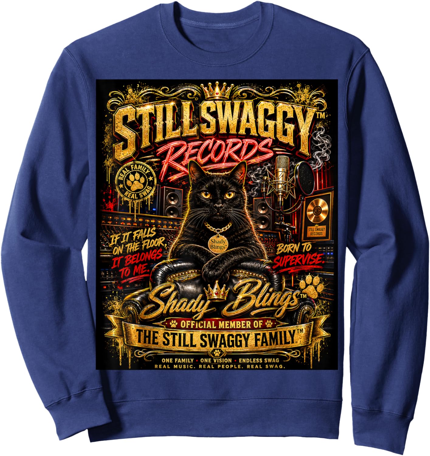 Shady Blings Still Swaggy Records Cat Family Graphic Sweatshirt - Sweatshirt | Navy