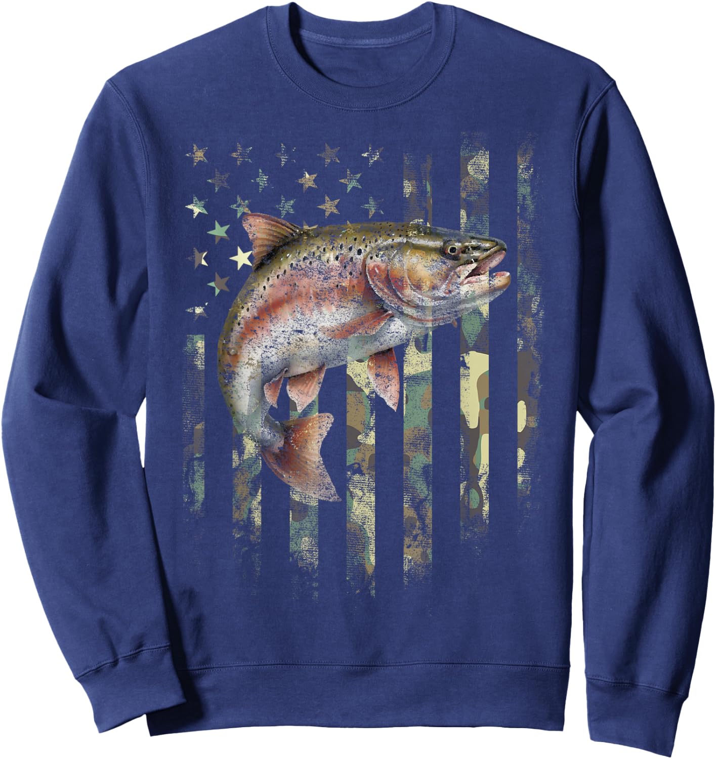 American USA Flag Rainbow Trout Fishing Camo Camouflage Sweatshirt - Sweatshirt | Navy