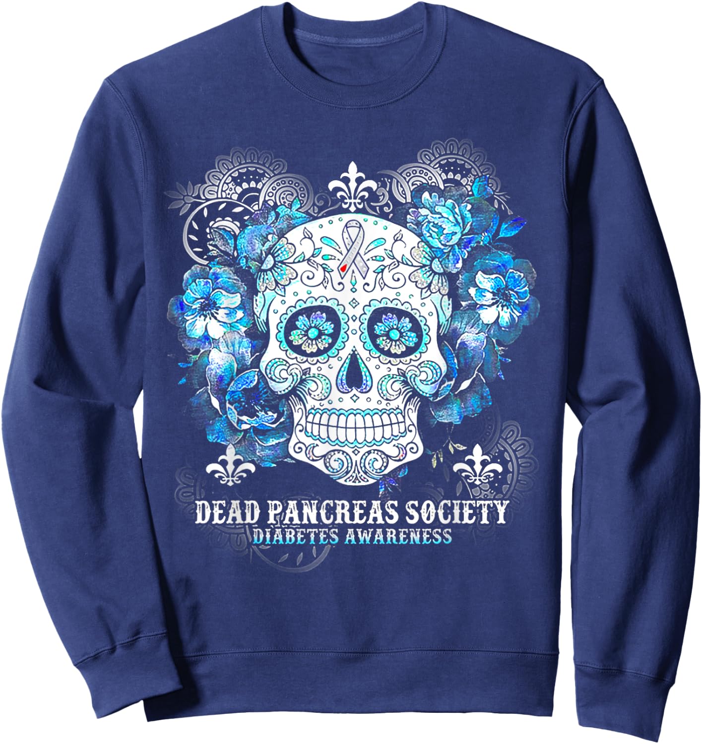 Dead Pancreas Society Diabetes Awareness Skull Flower Sweatshirt - Sweatshirt | Navy