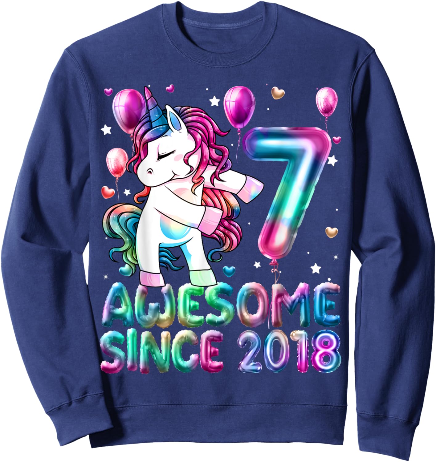 Flossing Unicorn 7 Year Old 7th Birthday Girl Unicorn Party Sweatshirt - Sweatshirt | Navy