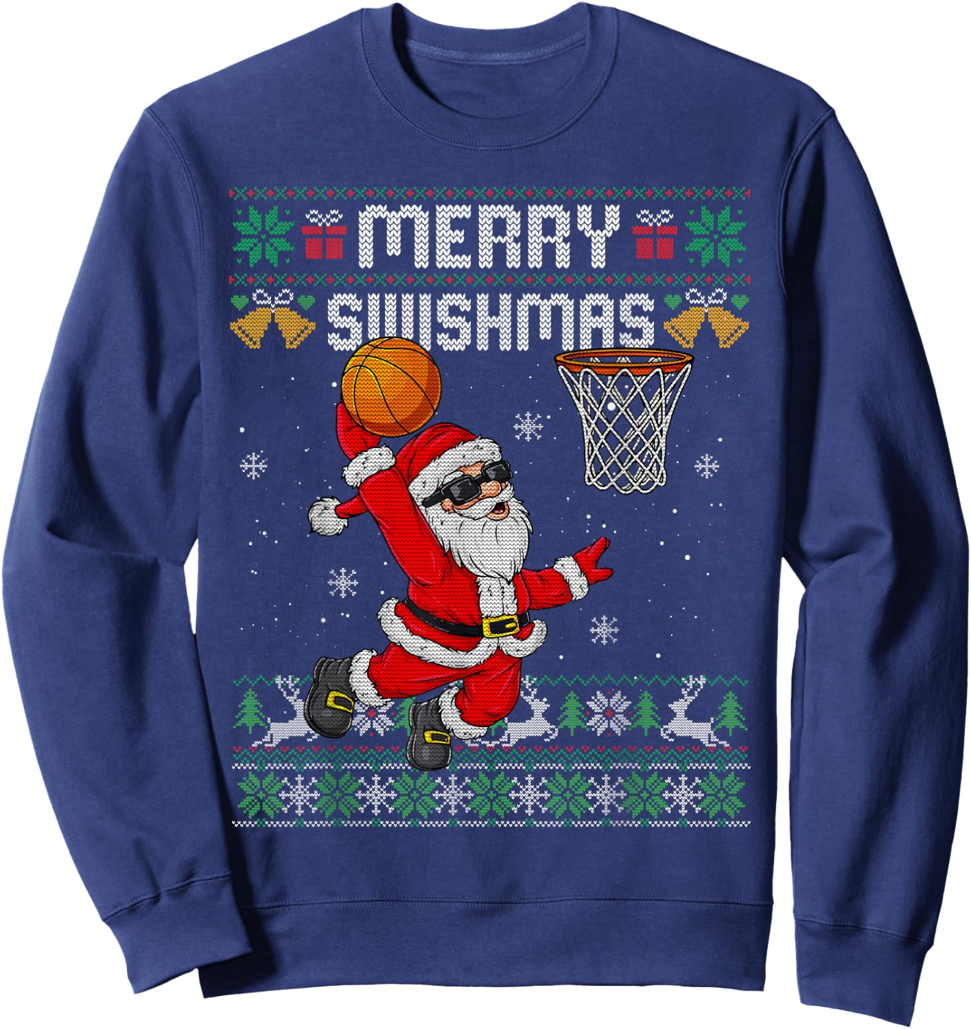 Merry Swishmas Ugly Christmas Sweater Funny Basketball Santa Sweatshirt - Sweatshirt | Navy