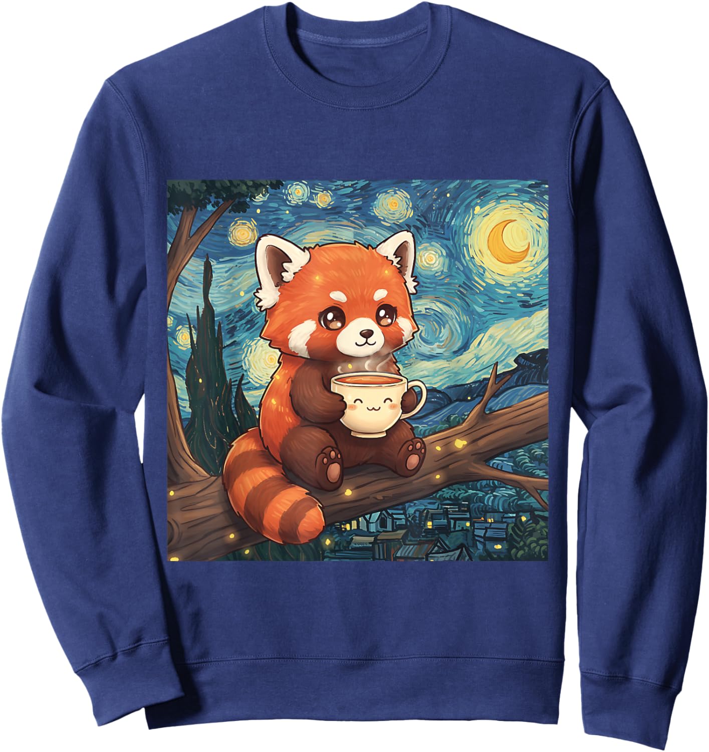 Fluffy Red Panda Holding Tea Cup Van Gogh Starry Night Art Sweatshirt - Sweatshirt | Navy
