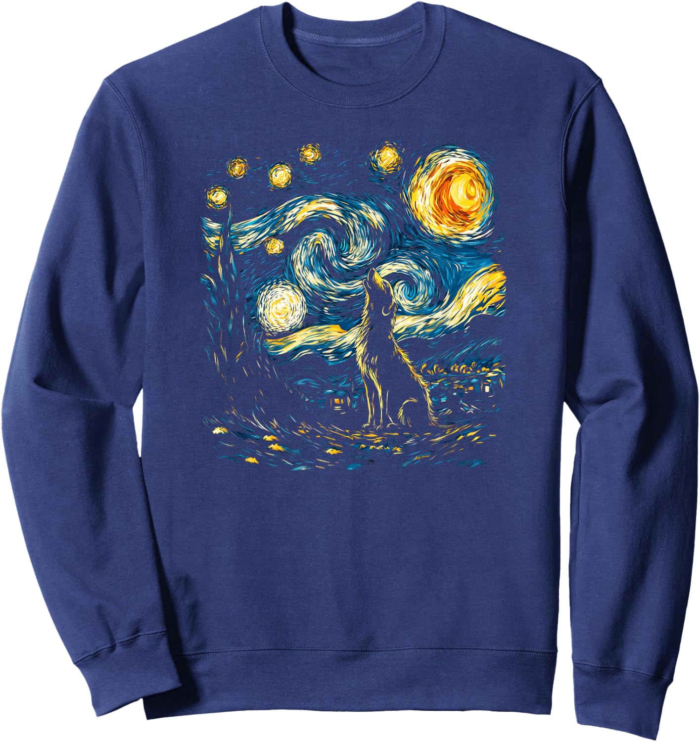 Wolf Starry Night Howling Moon Funny Van Gogh Graphic Sweatshirt - Sweatshirt | Navy