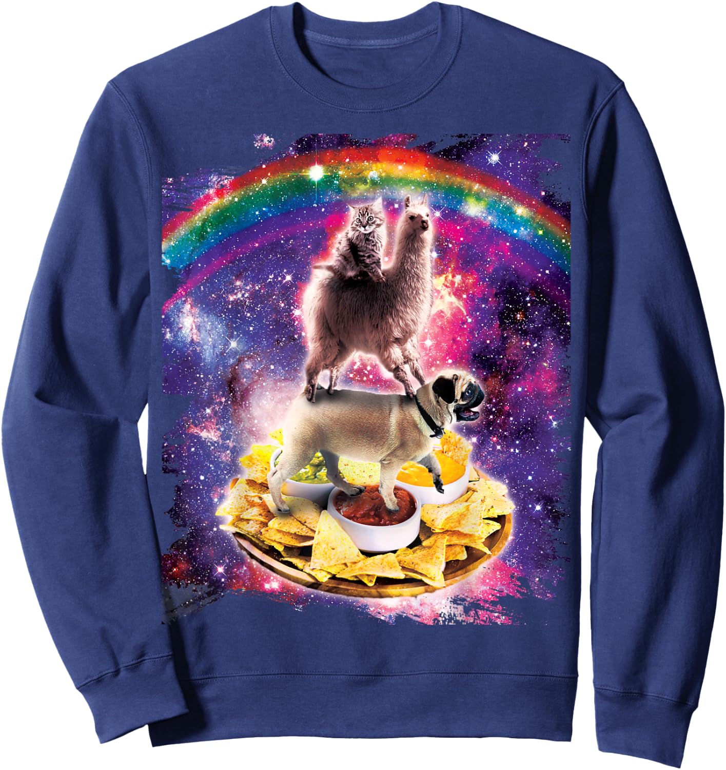Space Cat Llama Pug Riding Nachos Sweatshirt - Sweatshirt | Navy