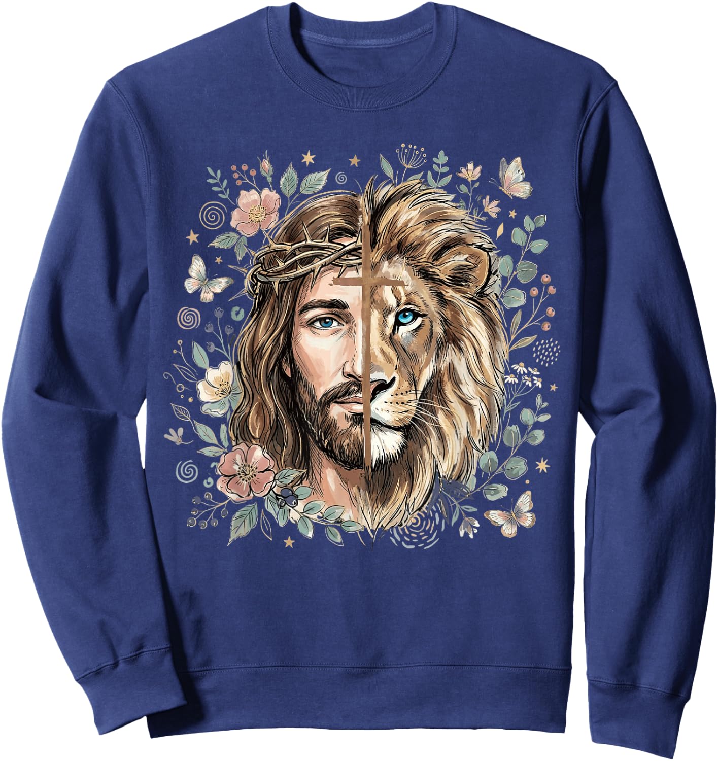 Lion of Judah Jesus Christian Cross Floral Faith Religious Sweatshirt - Sweatshirt | Navy
