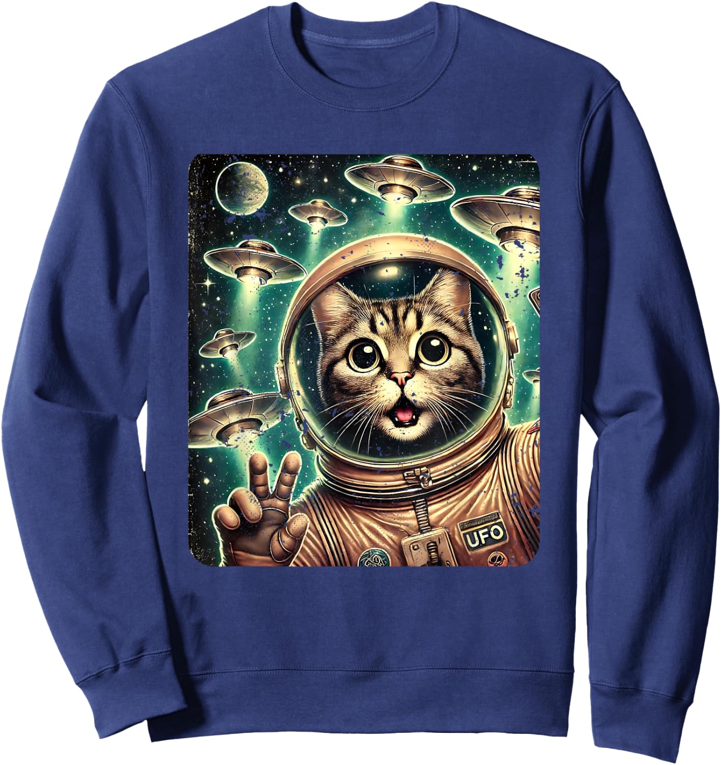 Space Cat Astronaut UFO Funny Sci-fi Alien Selfie Sweatshirt - Sweatshirt | Navy