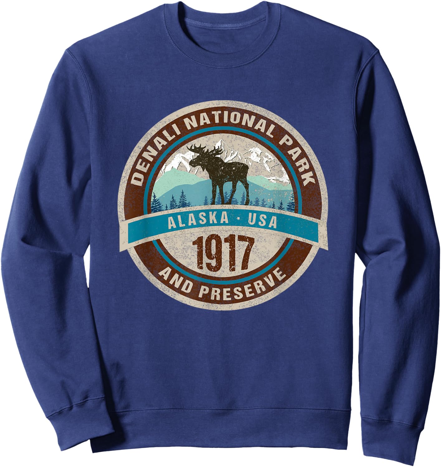 Denali National Park Alaska Vintage Moose Mountains Novelty Sweatshirt - Sweatshirt | Navy