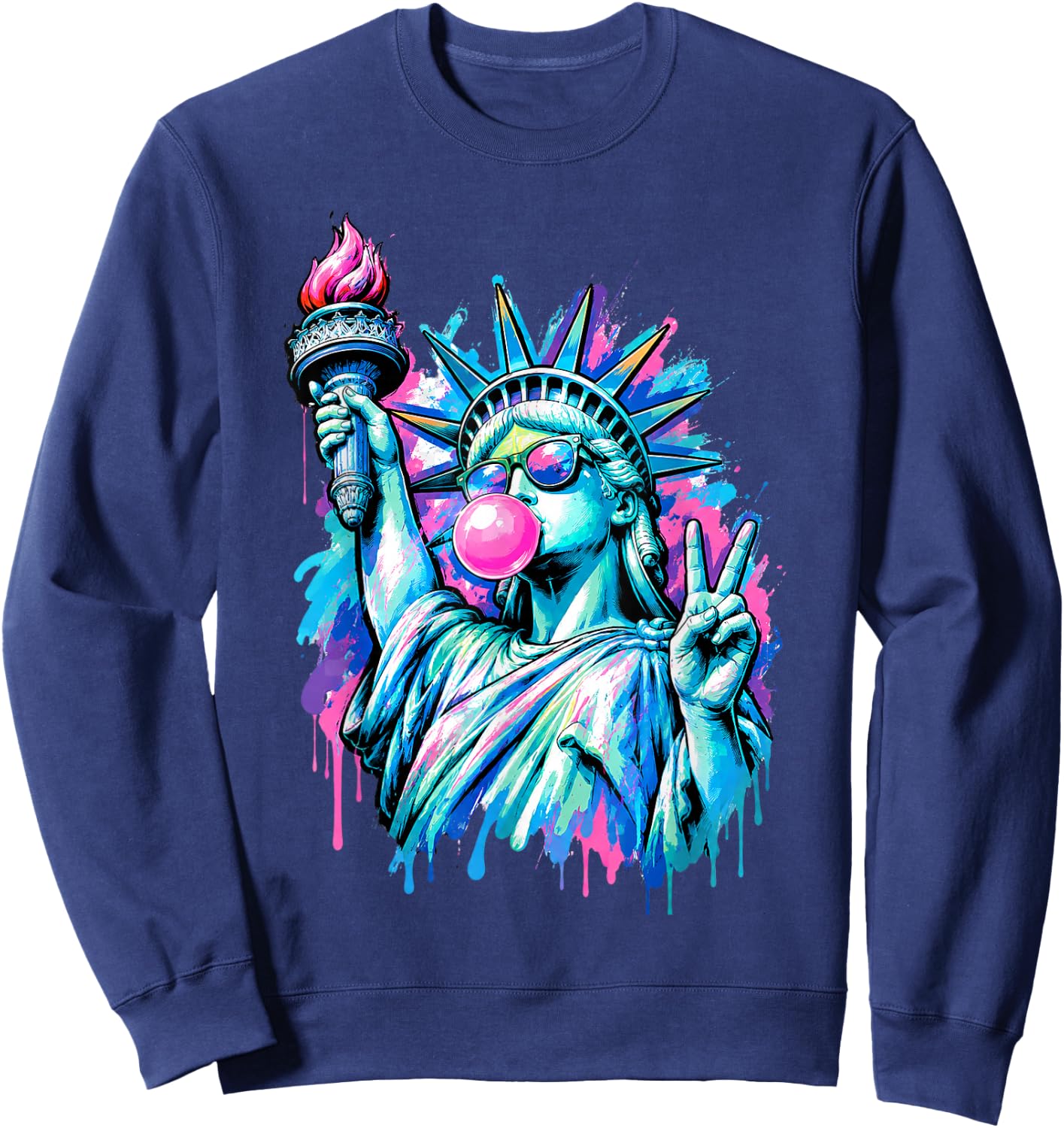 Funny Statue of Liberty Blowing Bubble Gum 4th of July Girl Sweatshirt - Sweatshirt | Navy