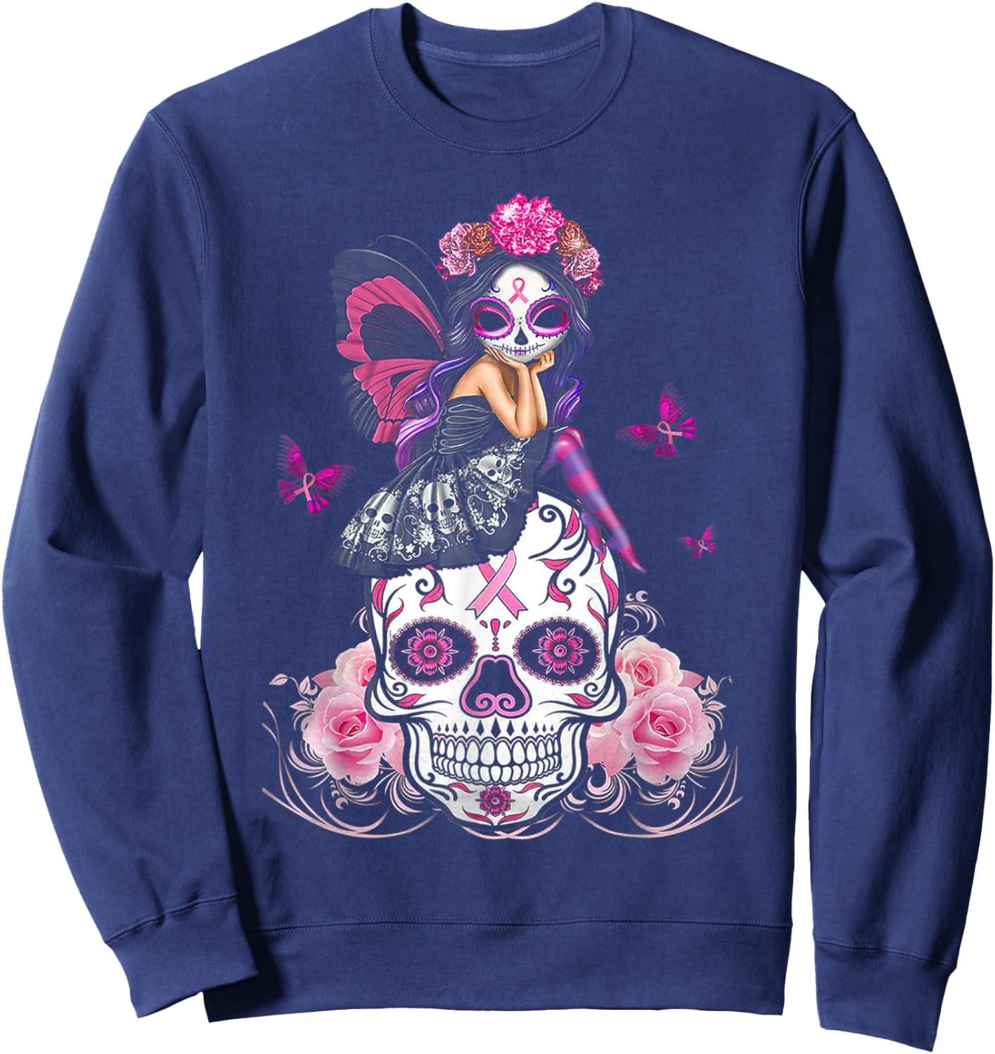 Cute Fairy Sugar Skull Breast Cancer Butterfly Pink Ribbon Sweatshirt - Sweatshirt | Navy