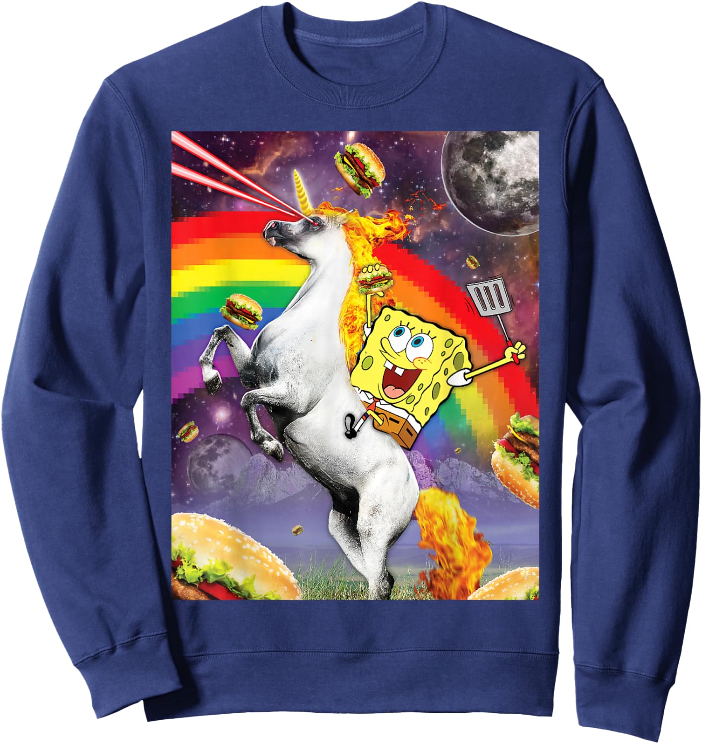 Spongebob SquarePants Unicorn Riding With Rainbow Sweatshirt - Sweatshirt | Navy