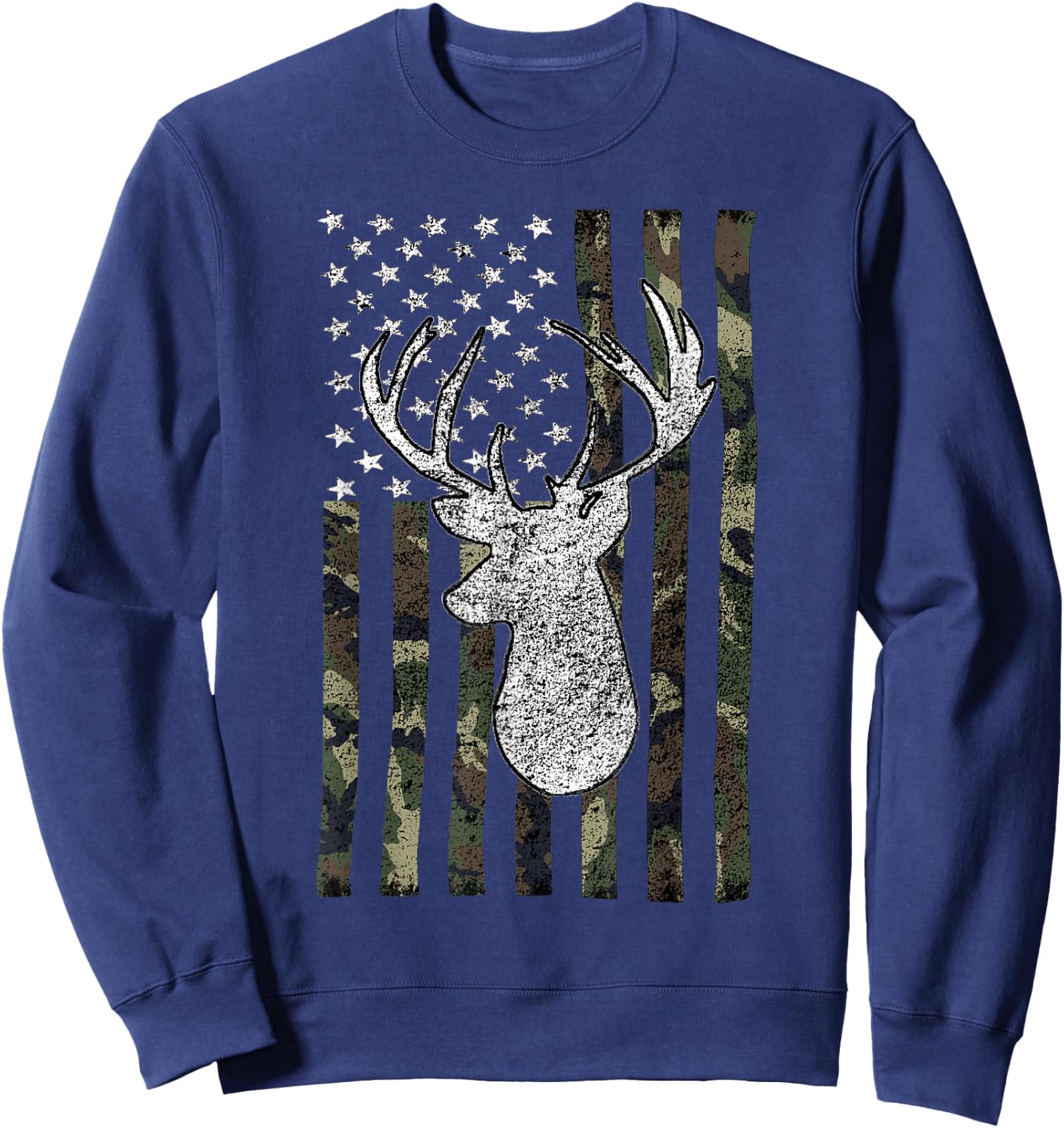 Whitetail Buck Deer Hunting American Camouflage USA Flag Short Sleeve Sweatshirt - Sweatshirt | Navy