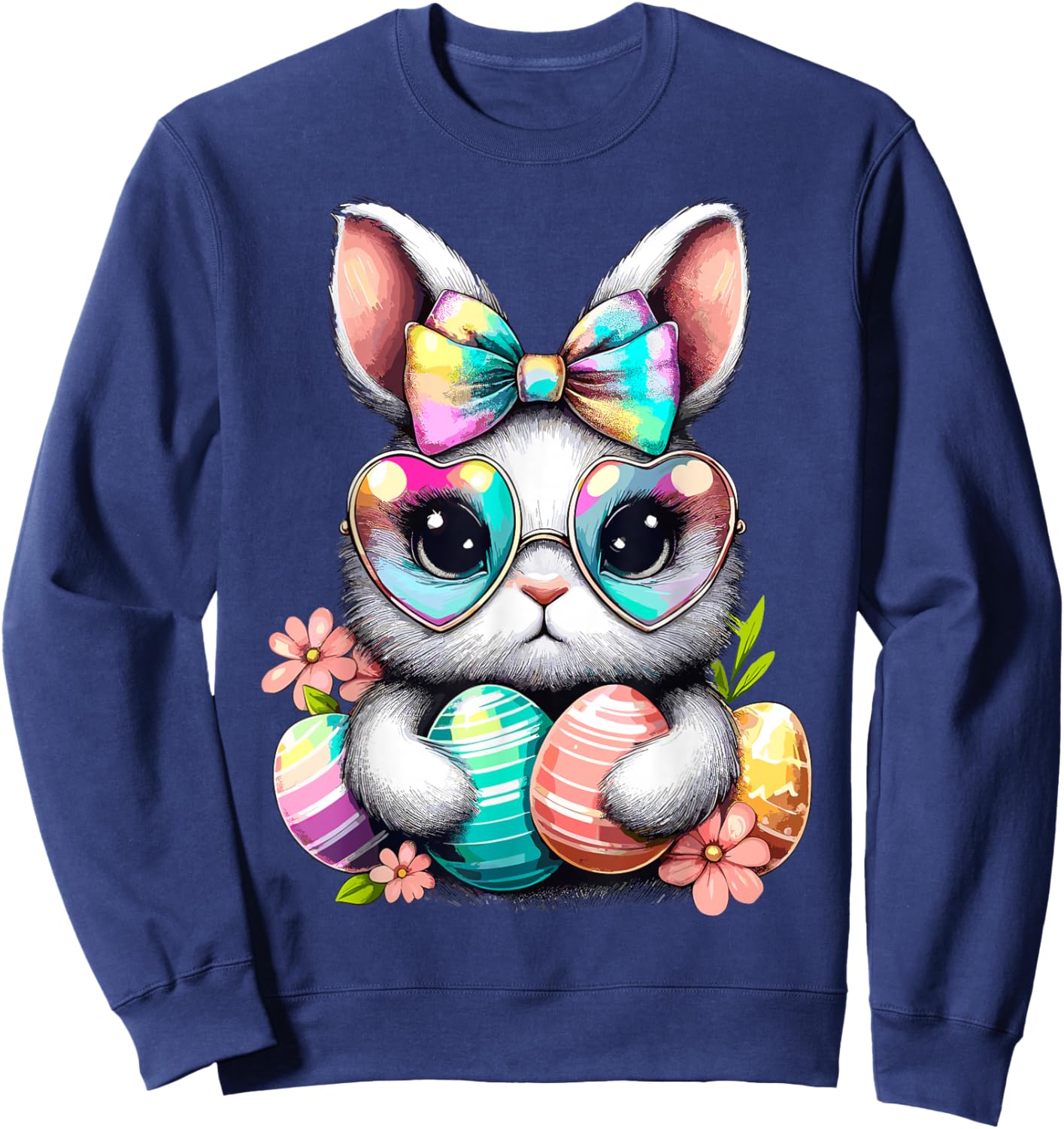 Easter Day Cute Rabbit Face Tie Dye Eggs Girls Bunny Sweatshirt - Sweatshirt | Navy